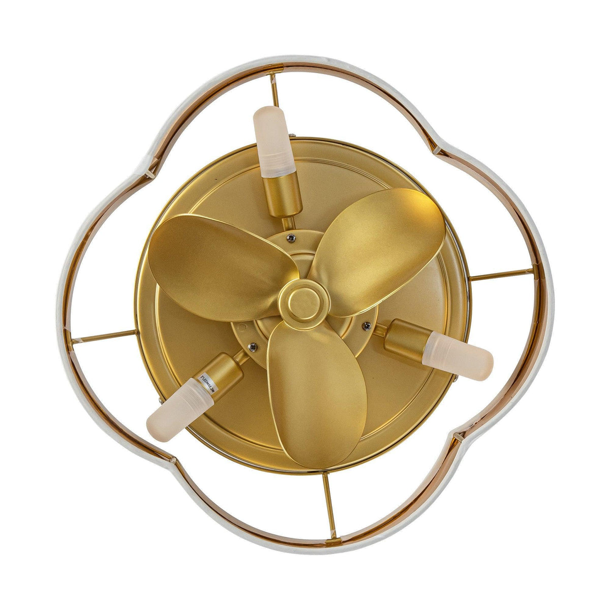 Golden flush mount ceiling fan with four blades and white light shades on circular base