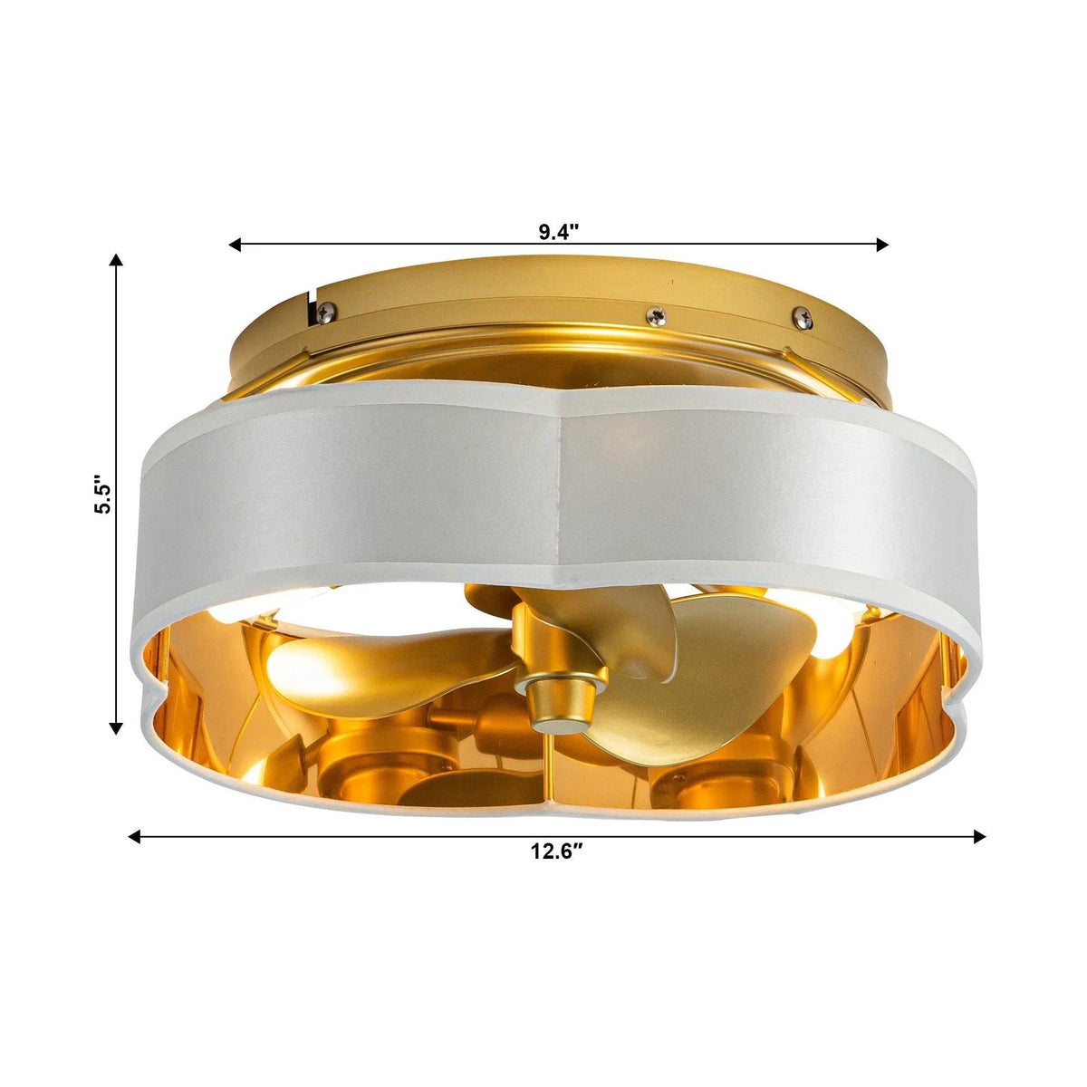 Golden flush mount ceiling fan with light, gold blades, and white housing ring