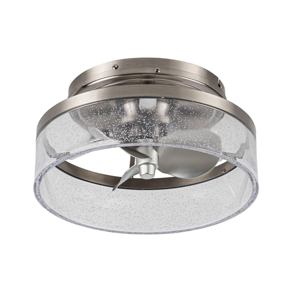 Satin nickel flush mount ceiling fan with frosted glass light kit, centered on ceiling