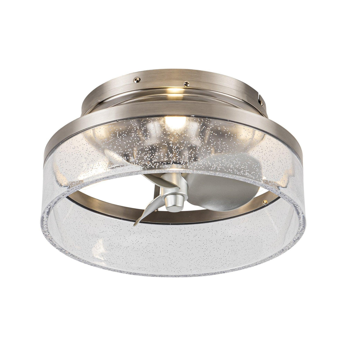 Satin nickel flush mount ceiling fan with frosted glass dome light and visible blades