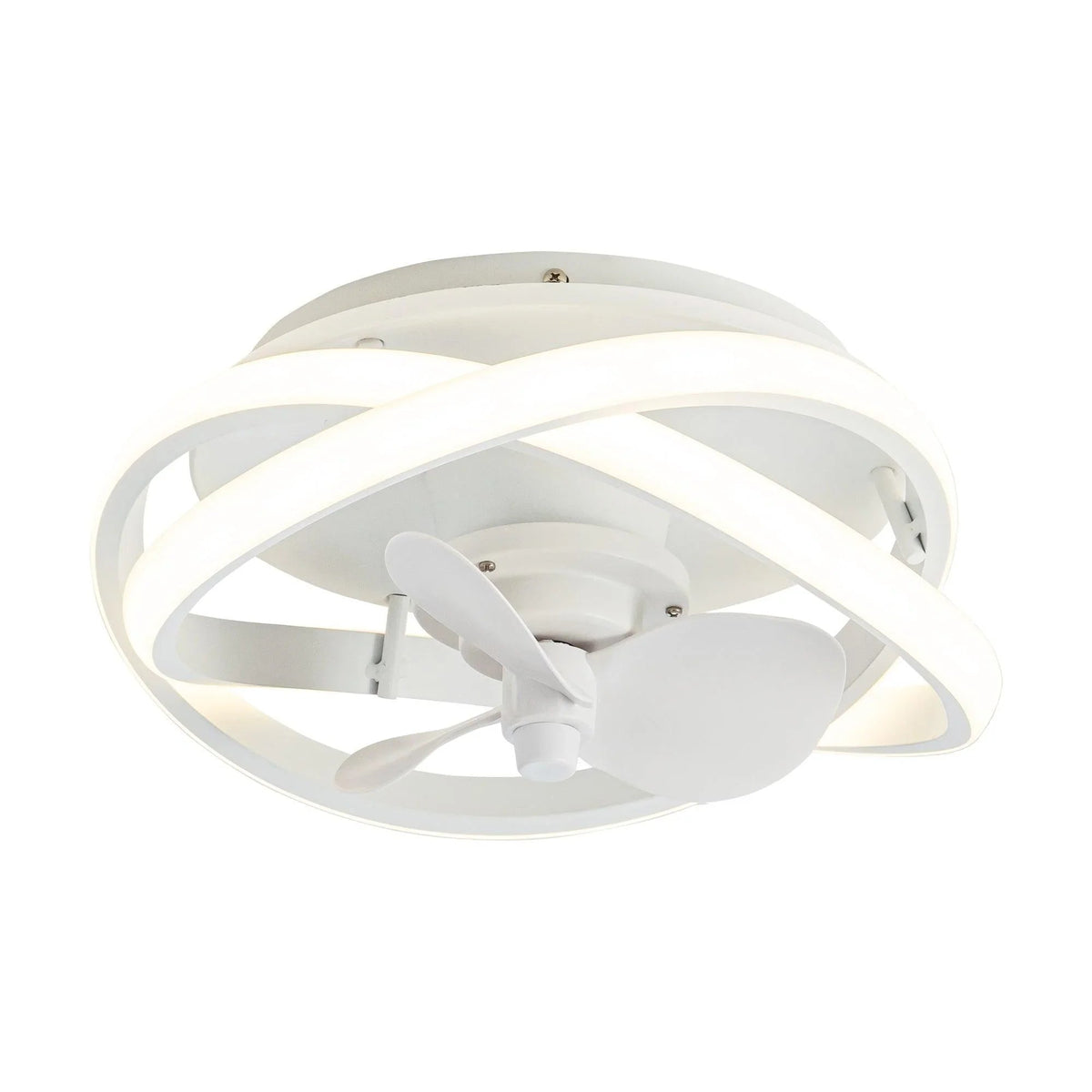 White 13-inch flush-mount ceiling fan with caged ring, 3 blades, and integrated light