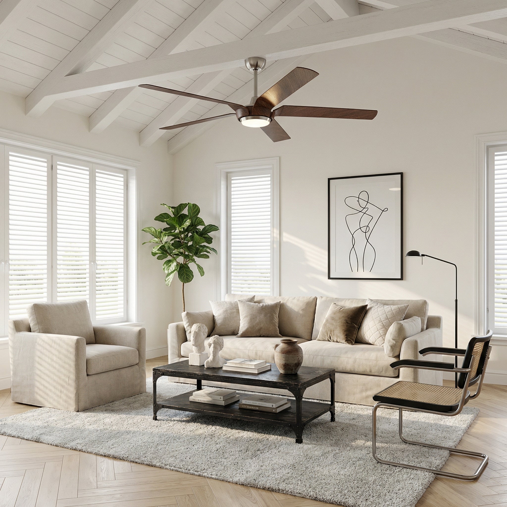 Ceiling fan with light, dark wood blades and brushed nickel motor mount.