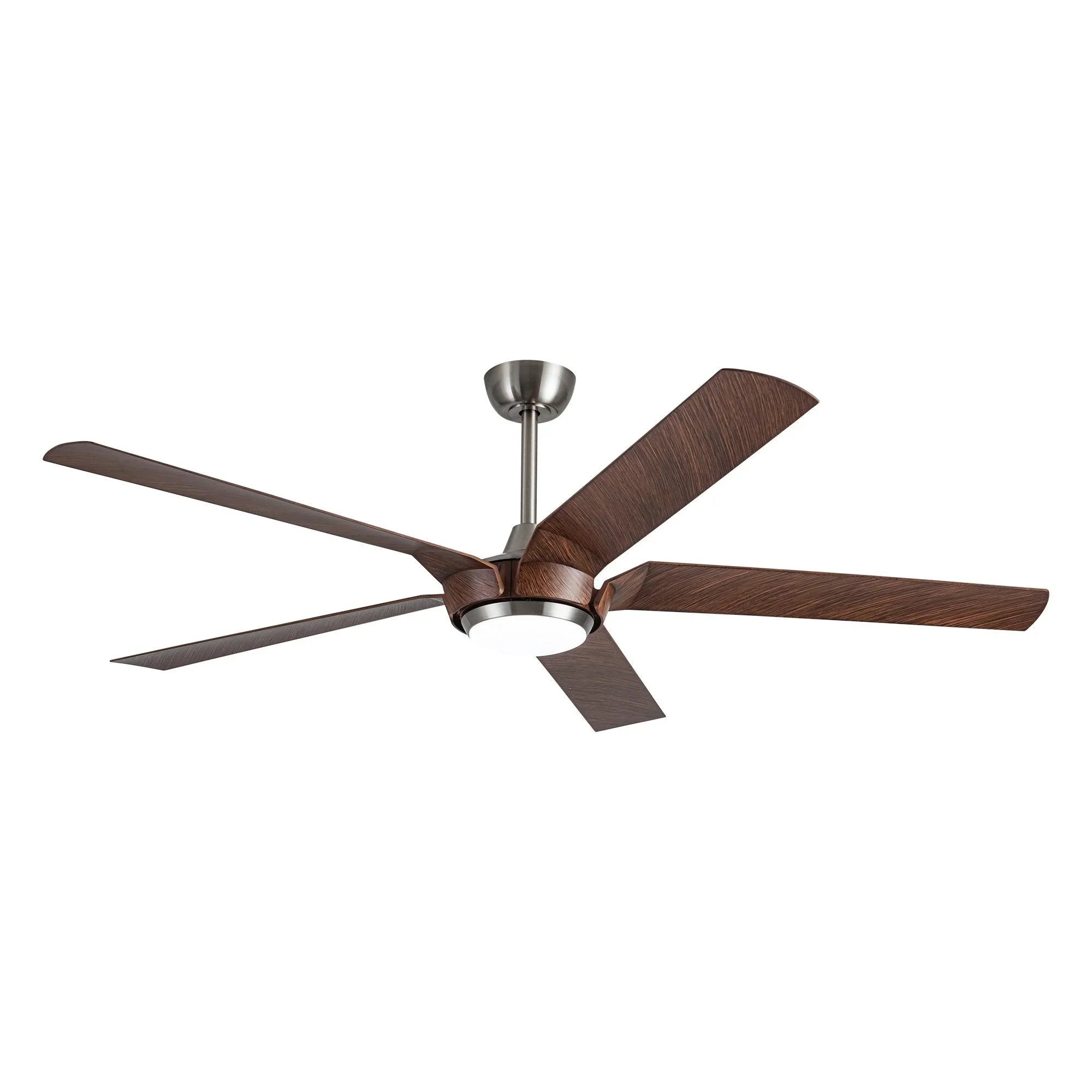 Wood-blade ceiling fan with brushed nickel downrod mount and 5-blade design