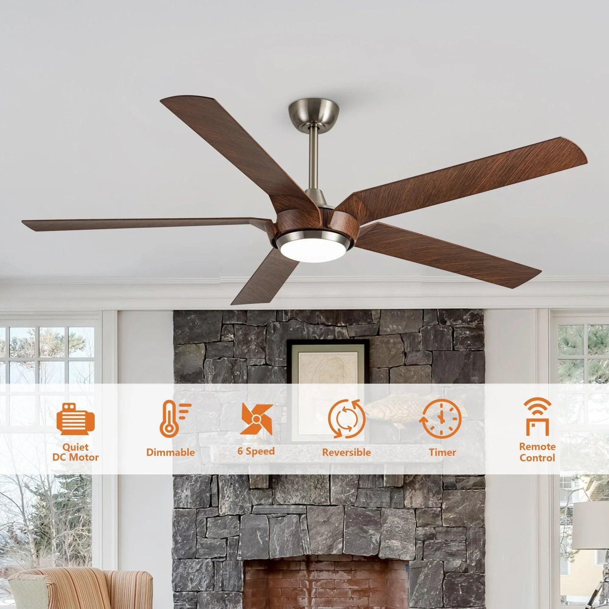 Ceiling fan with light, quiet DC motor, reversible airflow and timer; remote-ready.