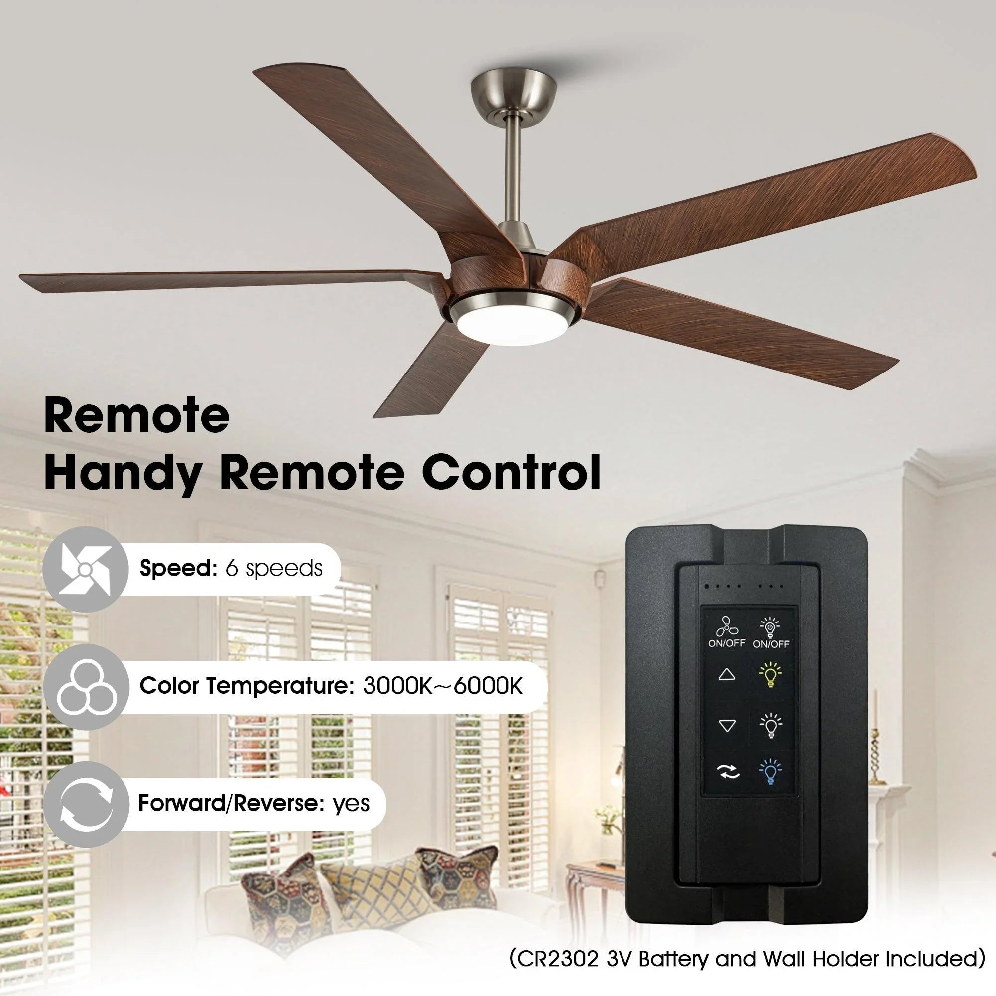 Ceiling fan with light and remote control, dark wood blades and brushed nickel finish.