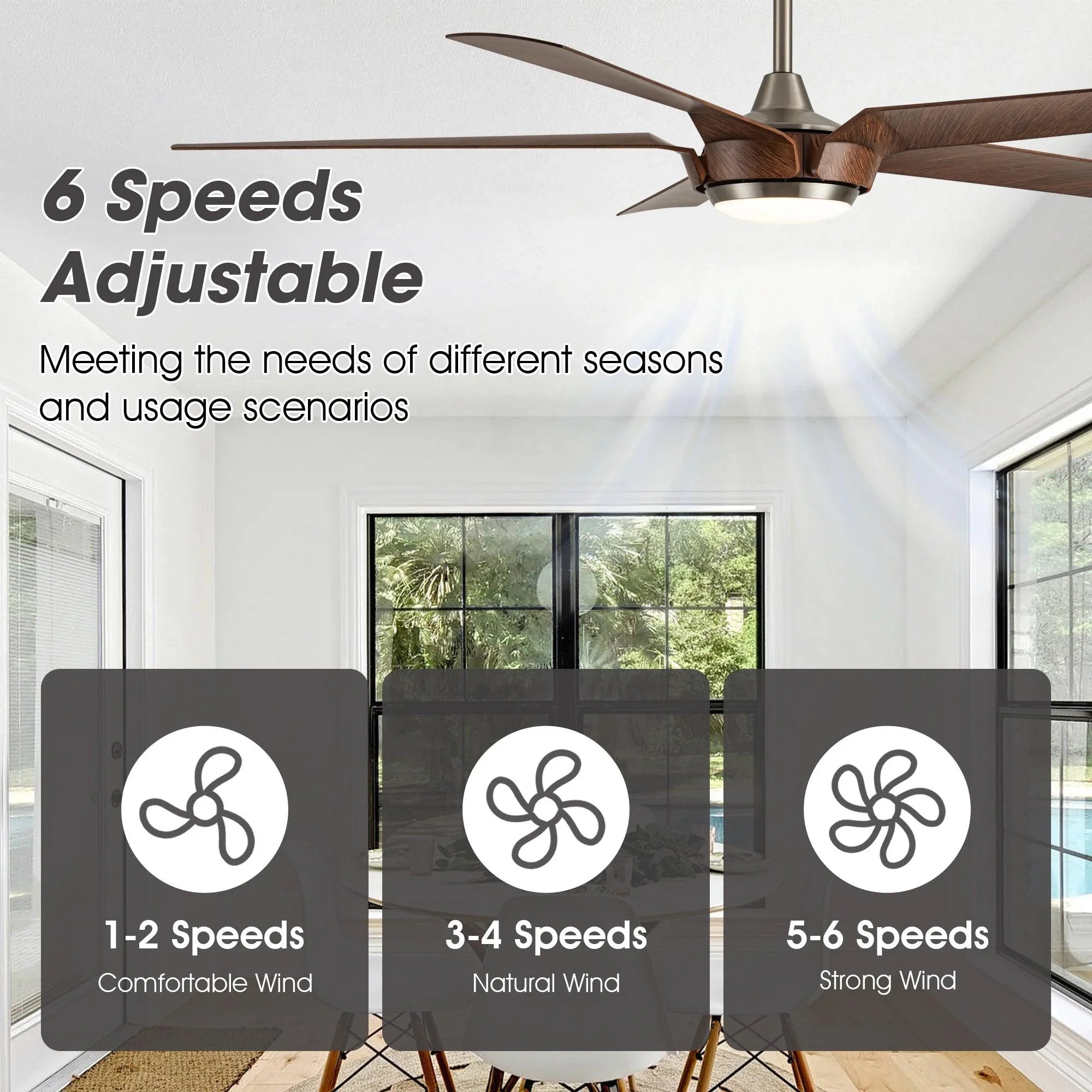 Ceiling fan with light and dark wood blades, adjustable 6-speed airflow.