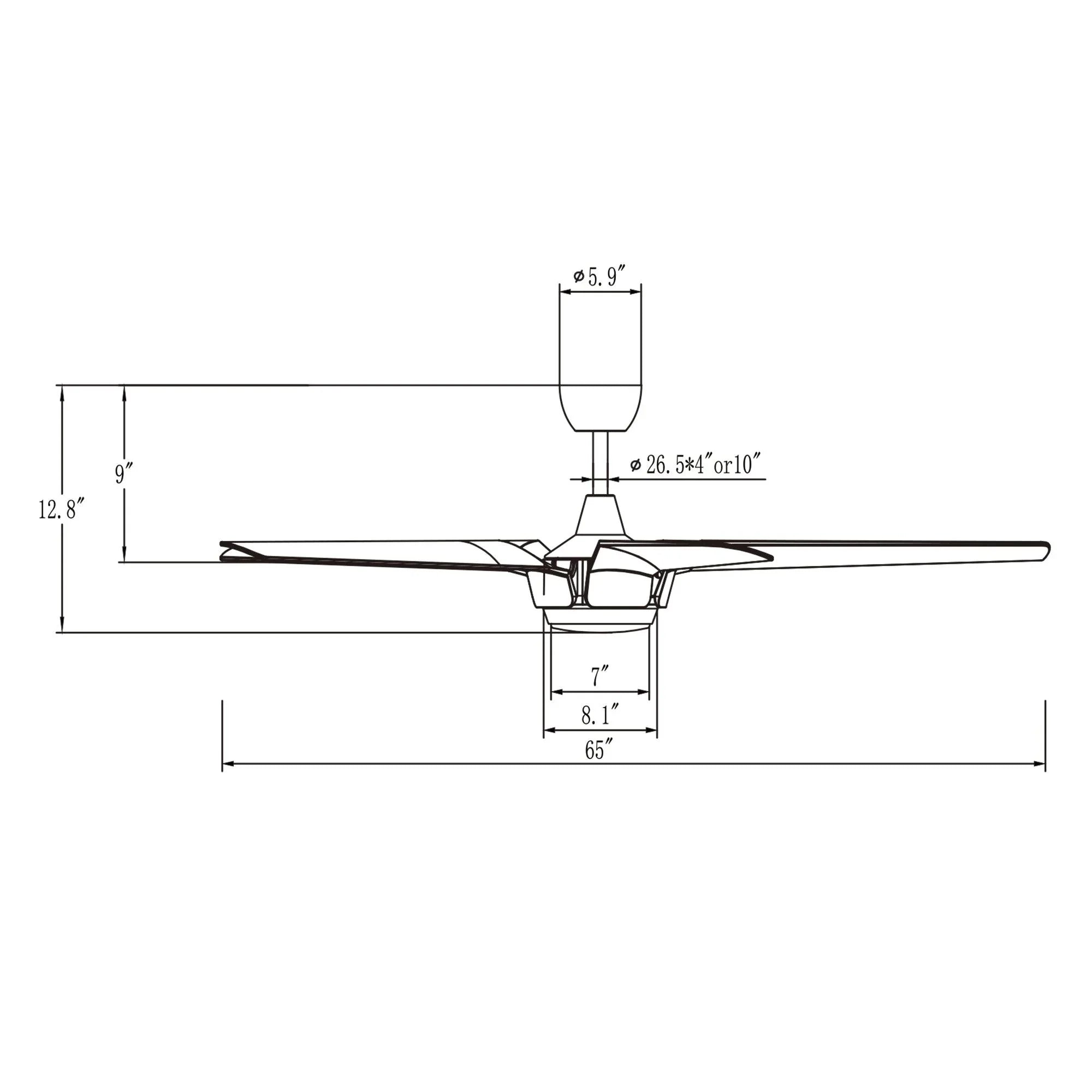 Ceiling fan mounting dimensions diagram with downrod and blade span measurements.
