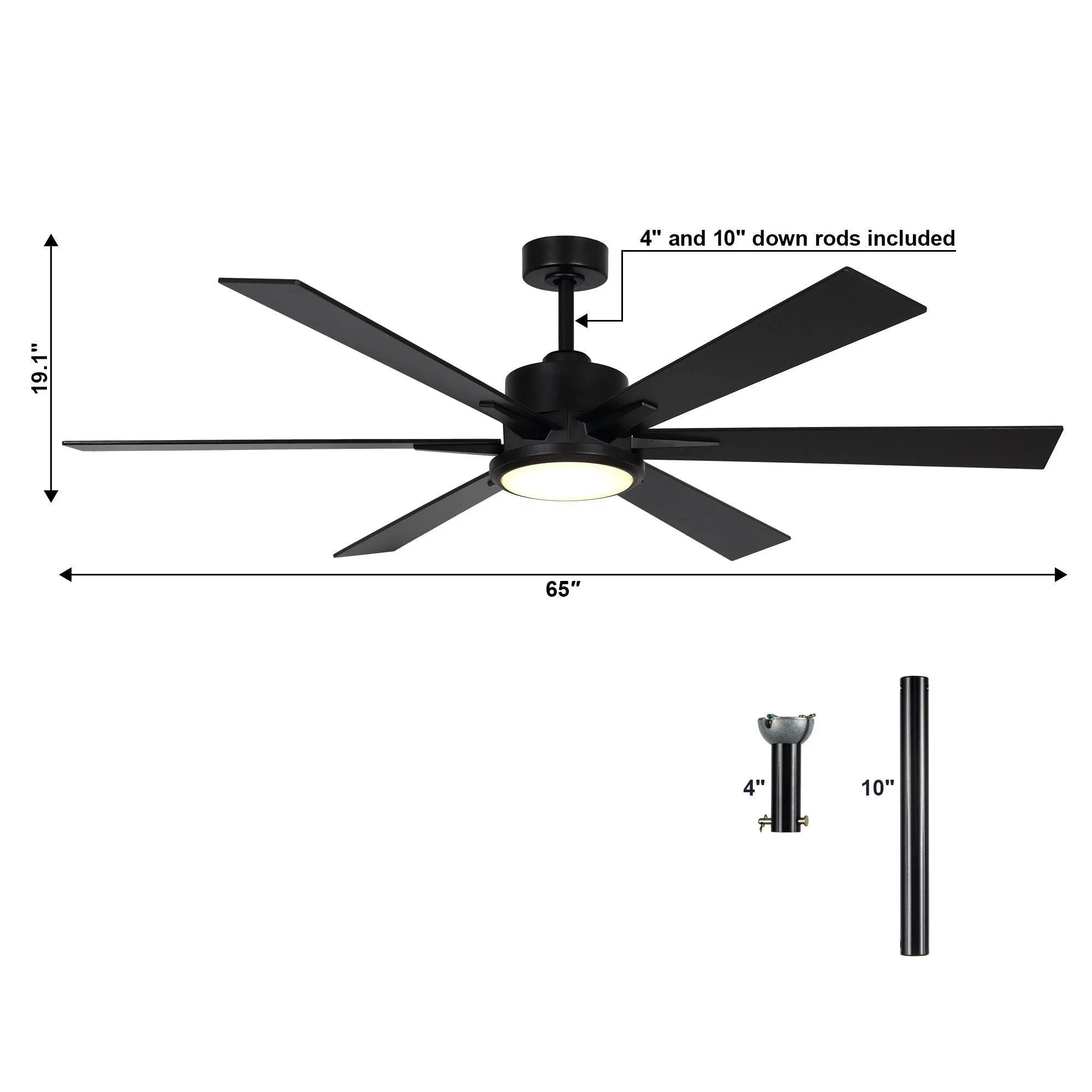 Black 65-inch ceiling fan with integrated light; includes 4- and 10-inch downrods.