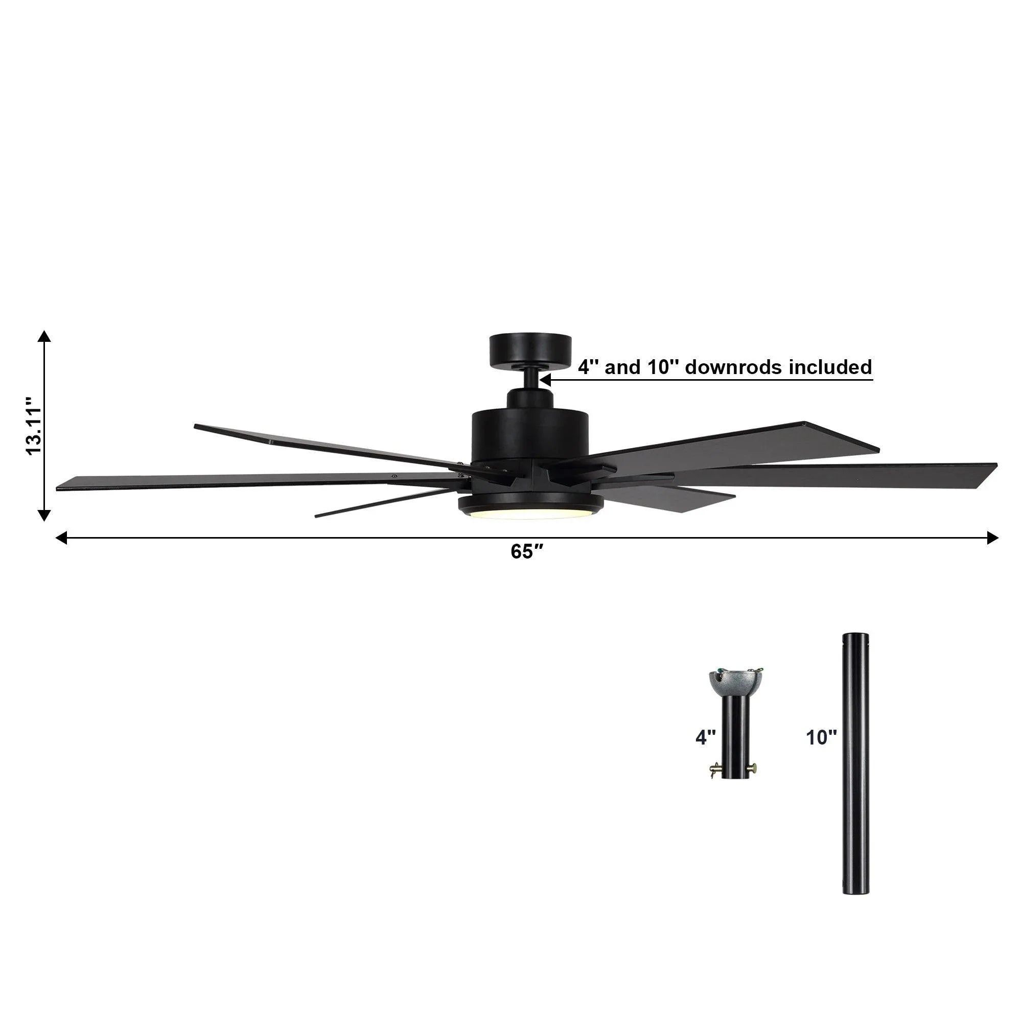 Black 65-inch ceiling fan side-view diagram; includes 4- and 10-inch downrods.