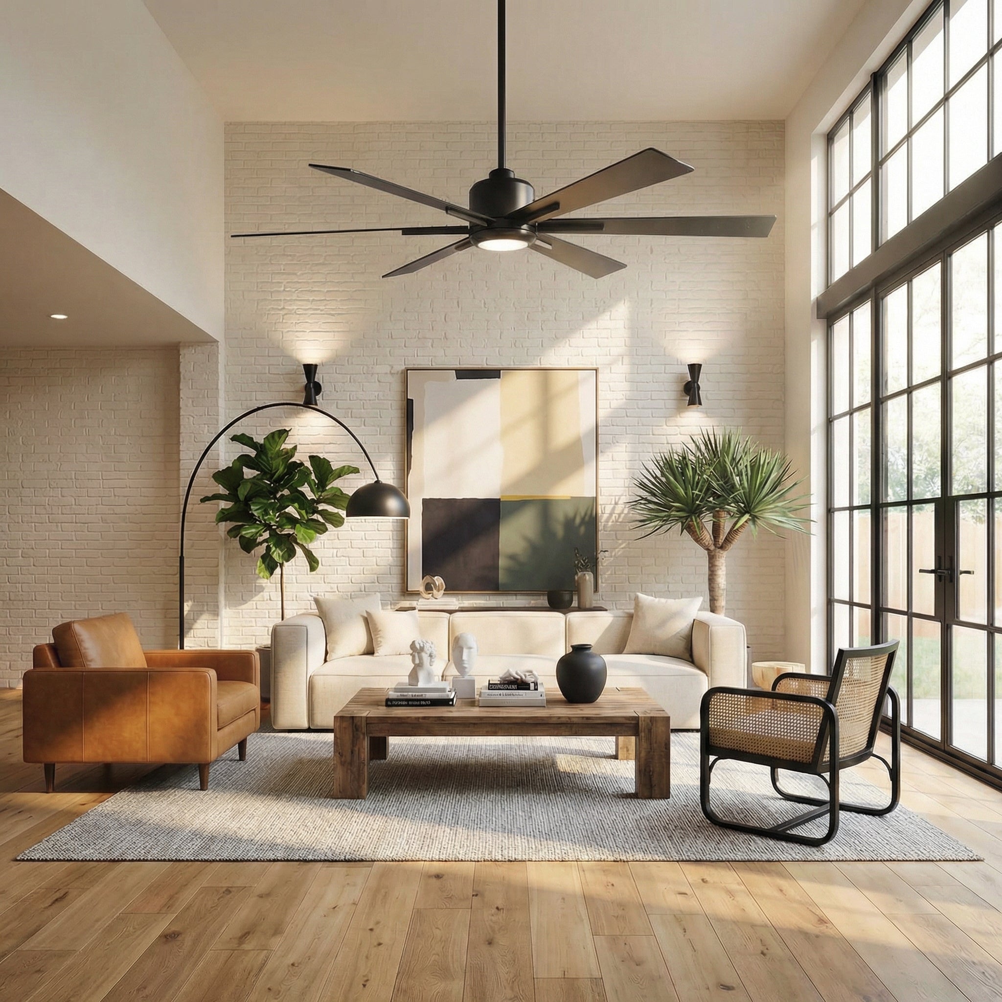 Black industrial ceiling fan with integrated light, 5 blades, downrod mount