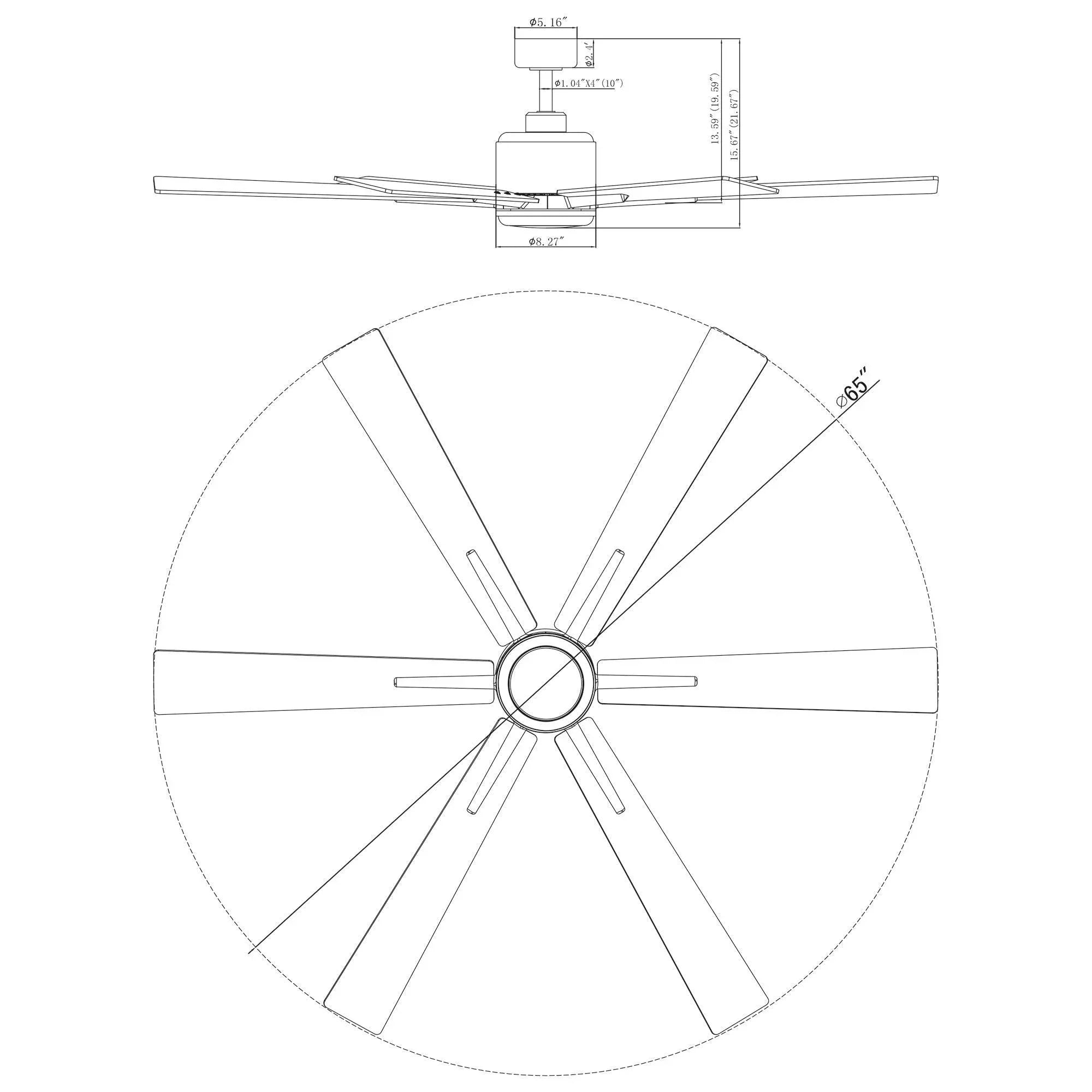 Ceiling fan diagram showing 65 in span and 5-blade layout