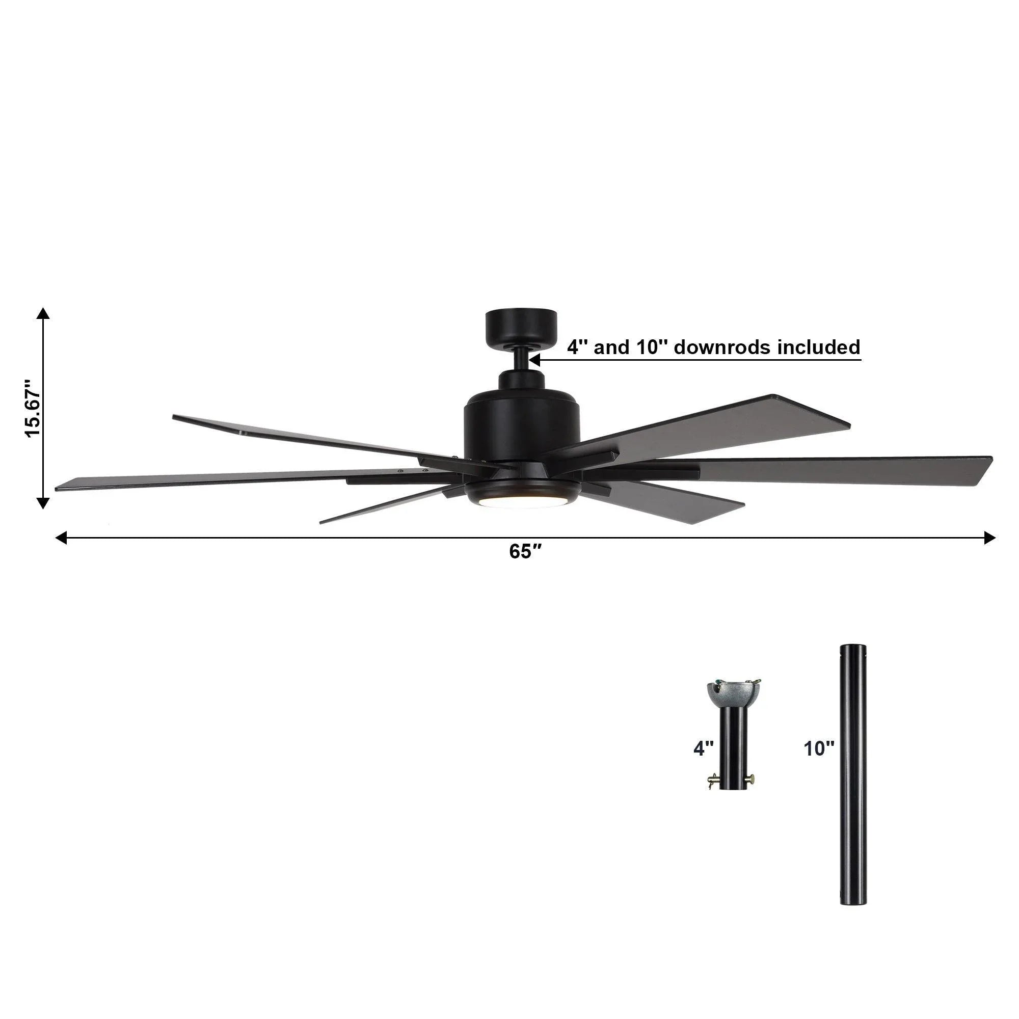 Black 65-inch ceiling fan with integrated light; 4 in and 10 in downrods shown
