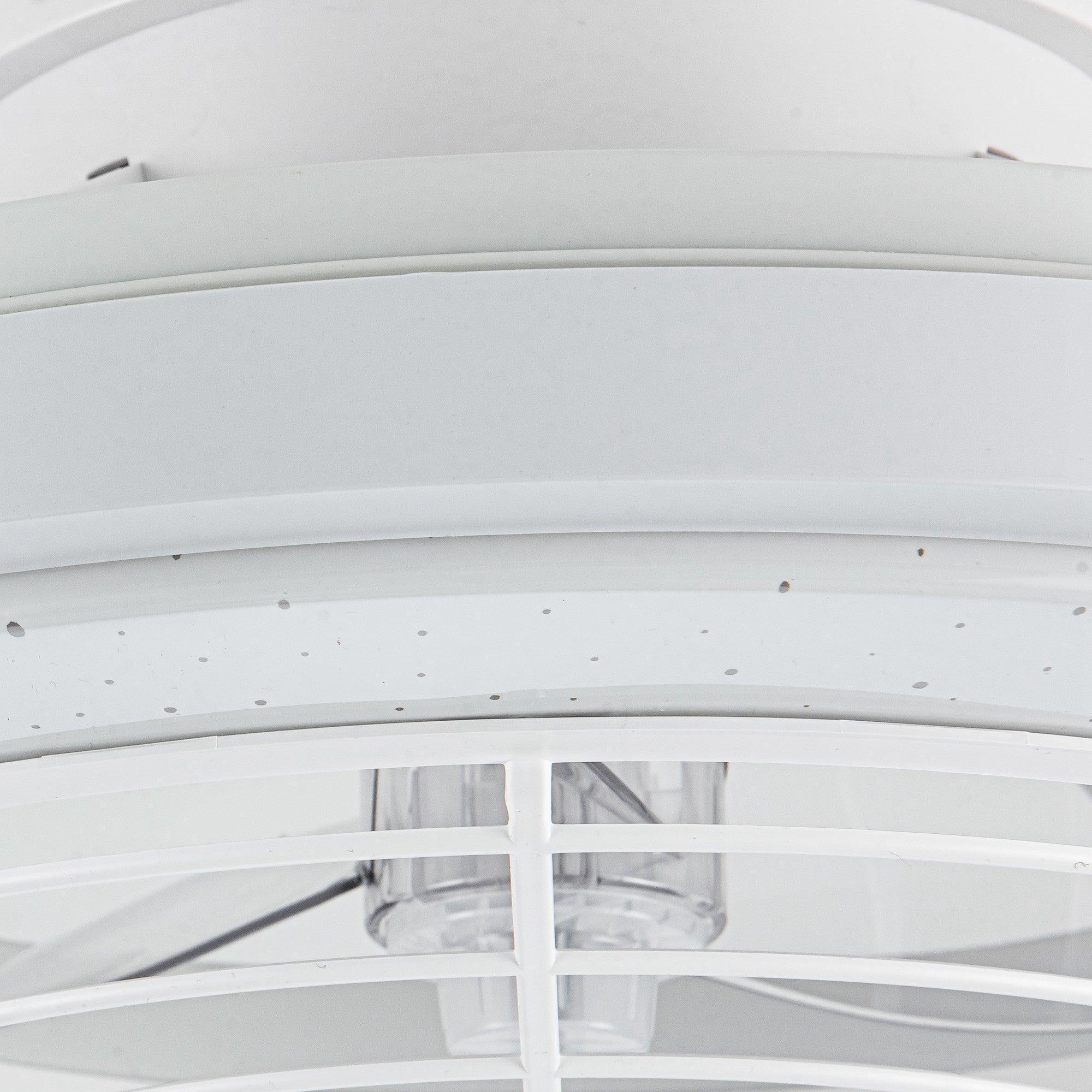 White flush mount ceiling fan showing side motor housing and grille opening.