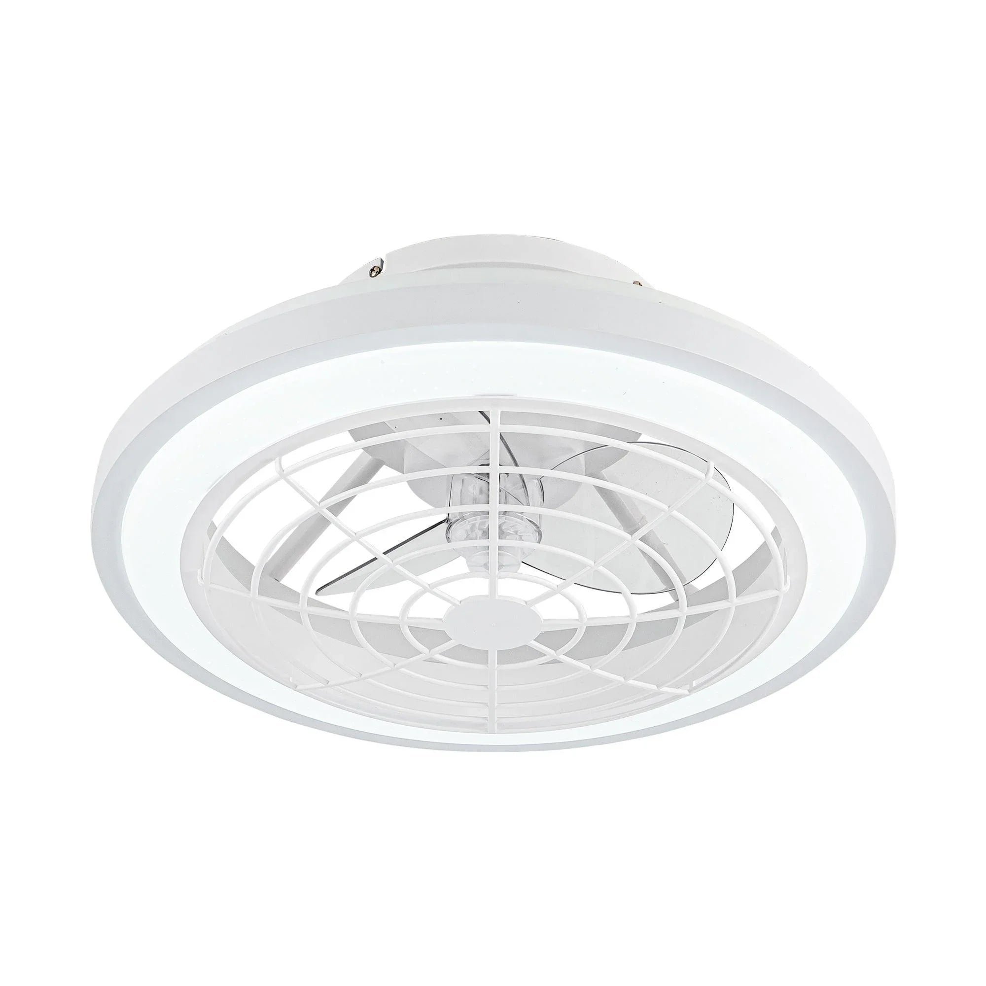 White flush-mount ceiling fan with integrated light and centered motor hub