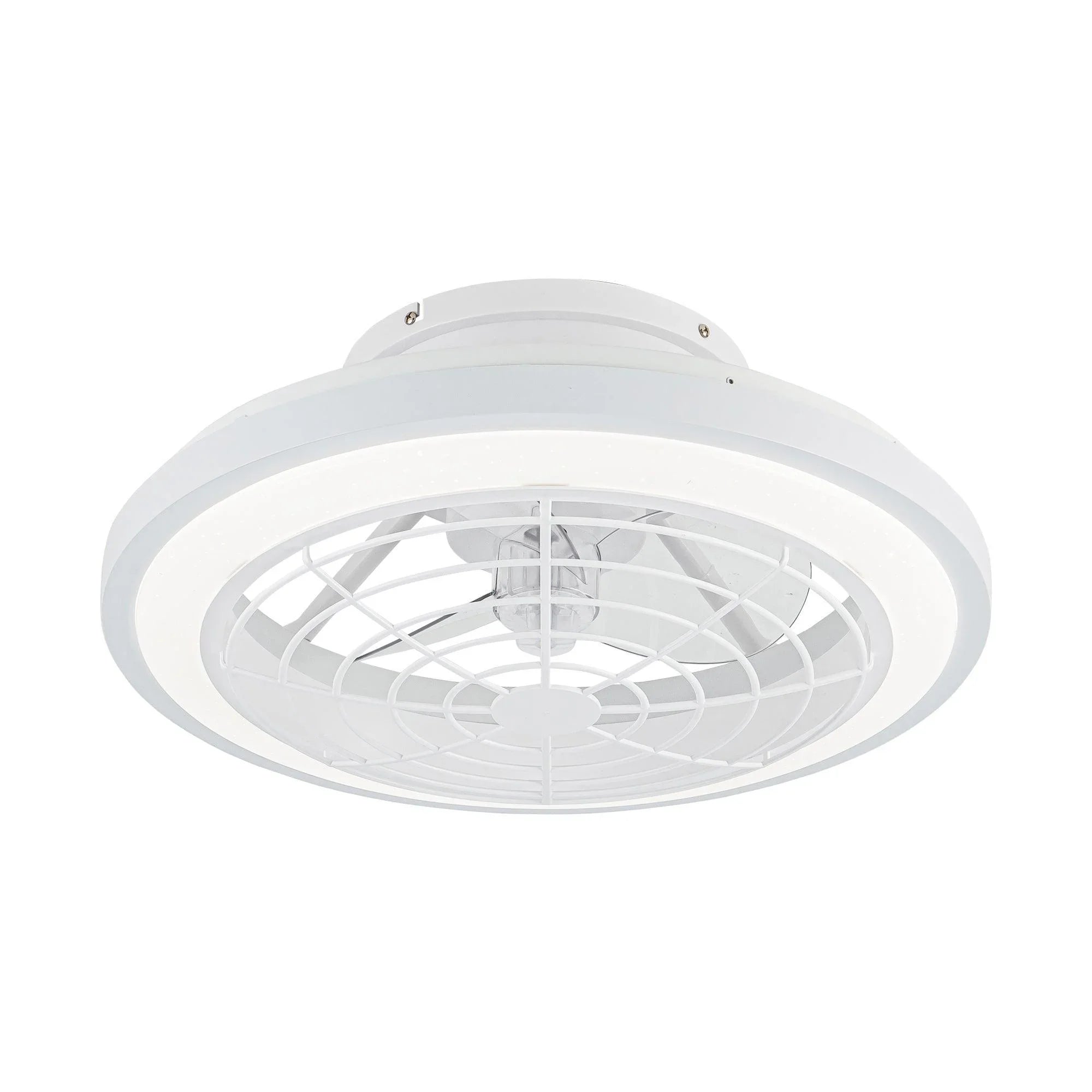 White flush-mount ceiling fan with blade cage and central downlight