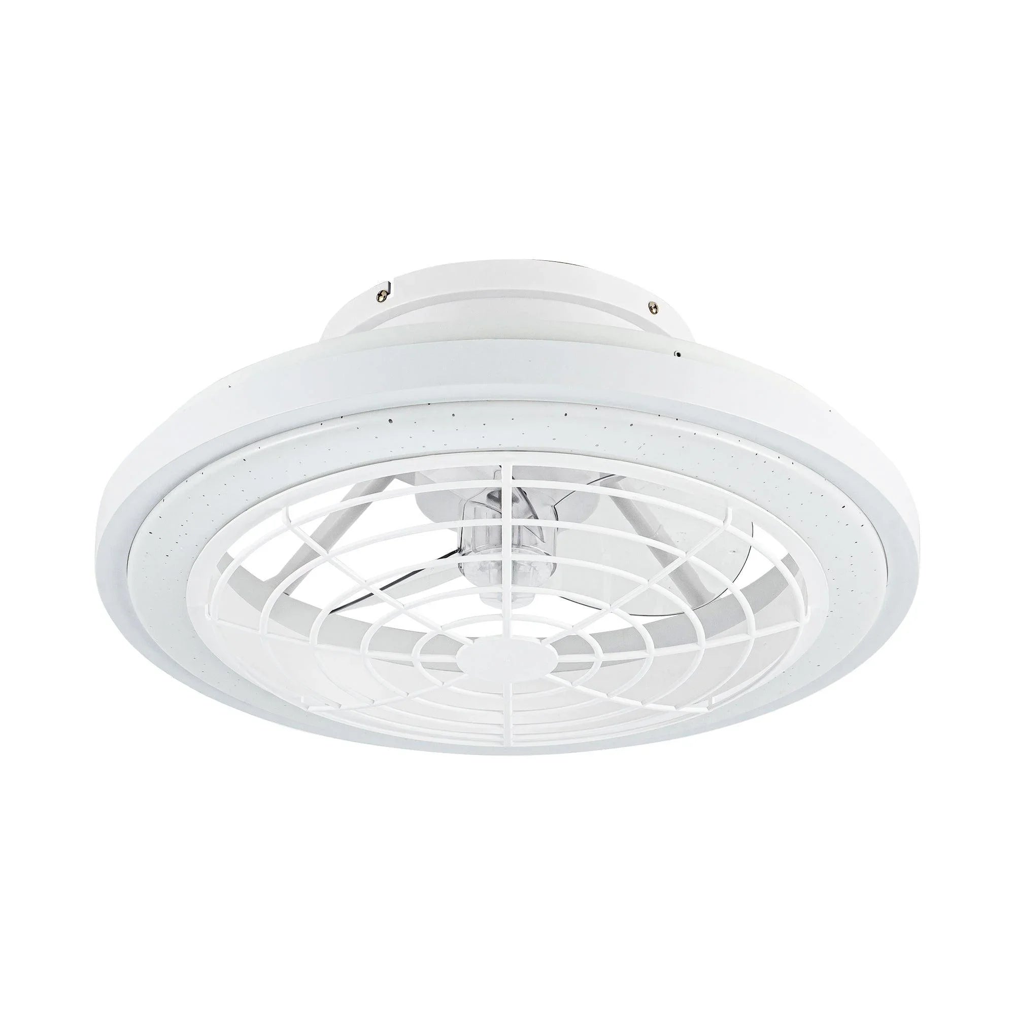 White flush-mount ceiling fan with speckled outer ring, blade cage, and integrated light