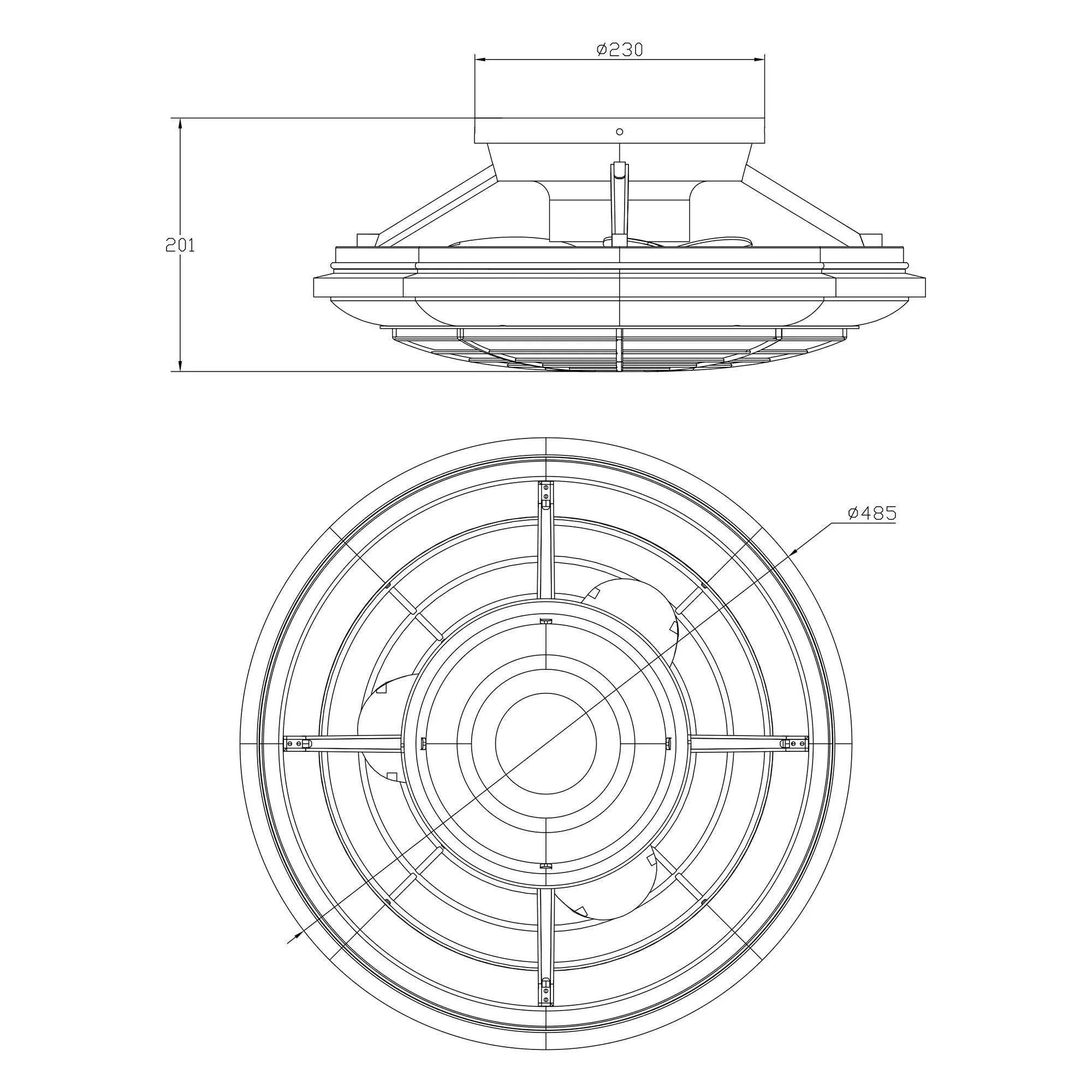 Technical line drawing of ceiling fan dimensions, top and front views.