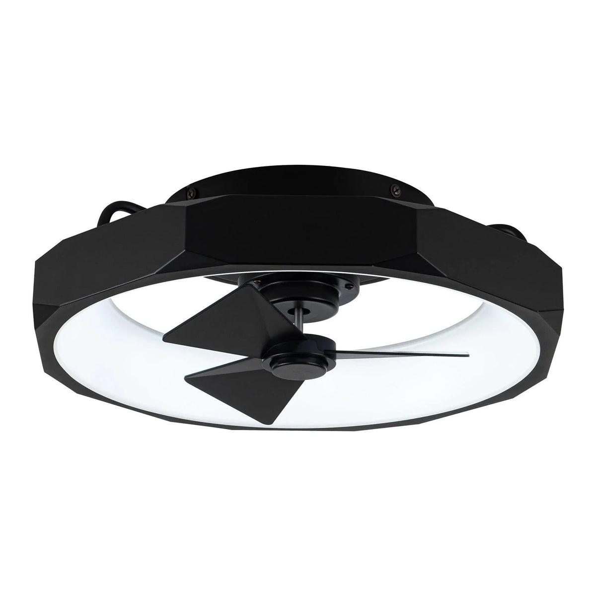Black flush mount ceiling fan angled view with integrated light and three blades