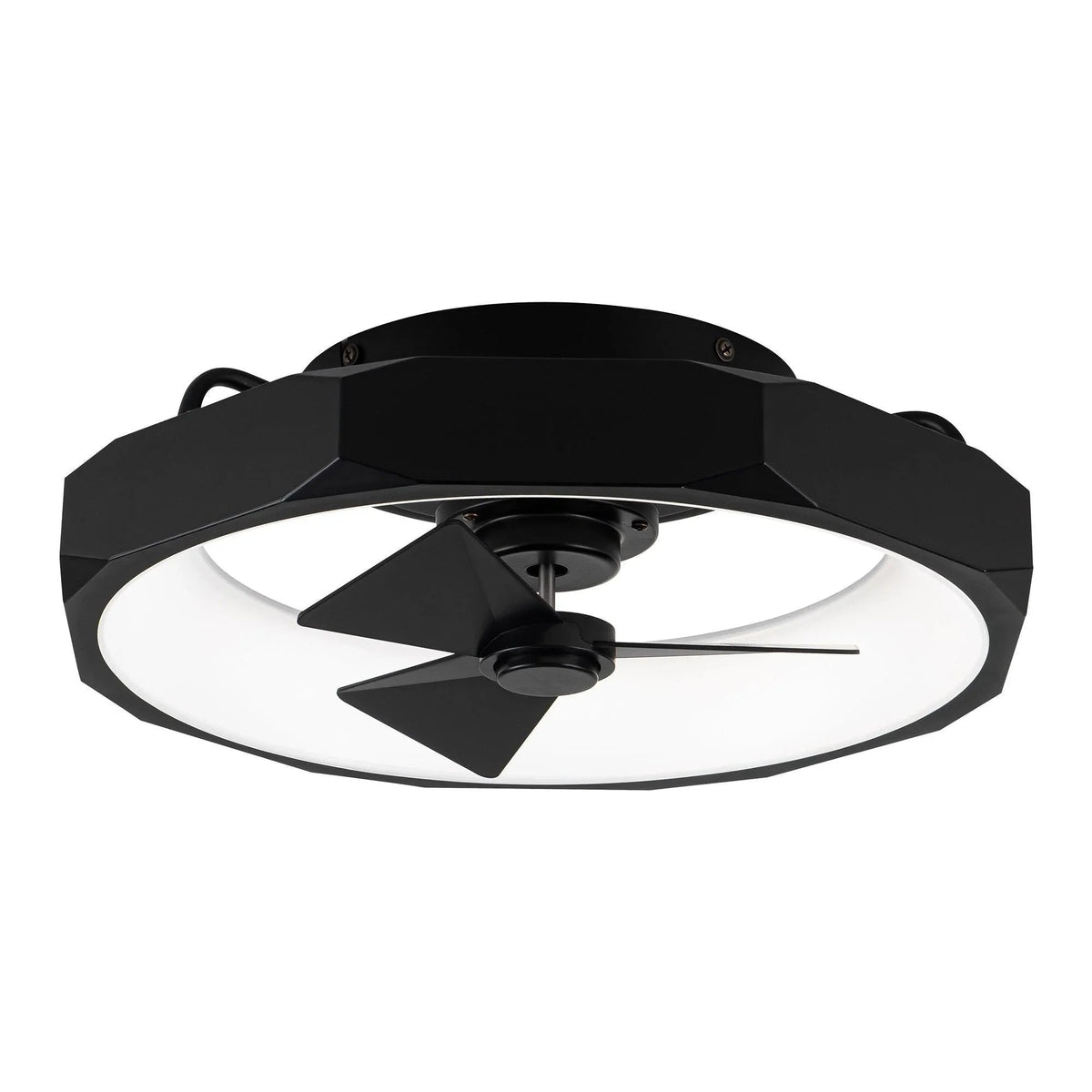 Black flush mount ceiling fan close-up with integrated light and three blades
