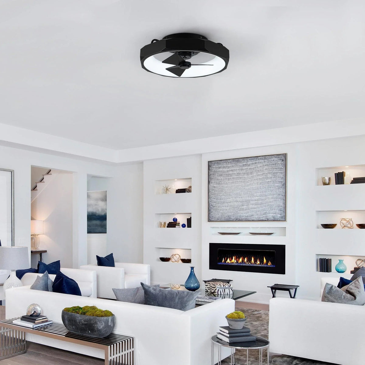Black flush mount ceiling fan with integrated light and three blades