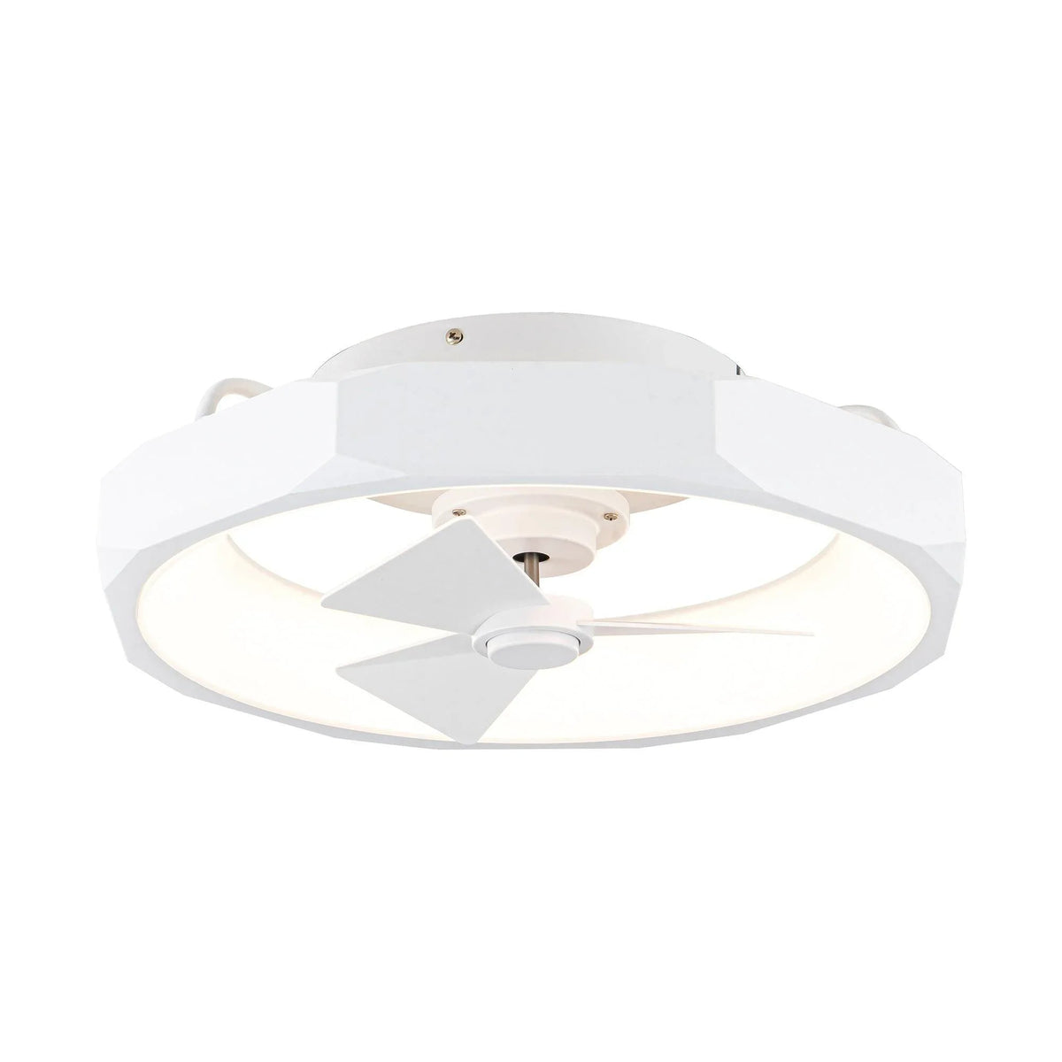 White flush mount ceiling fan with three blades and glowing light disk