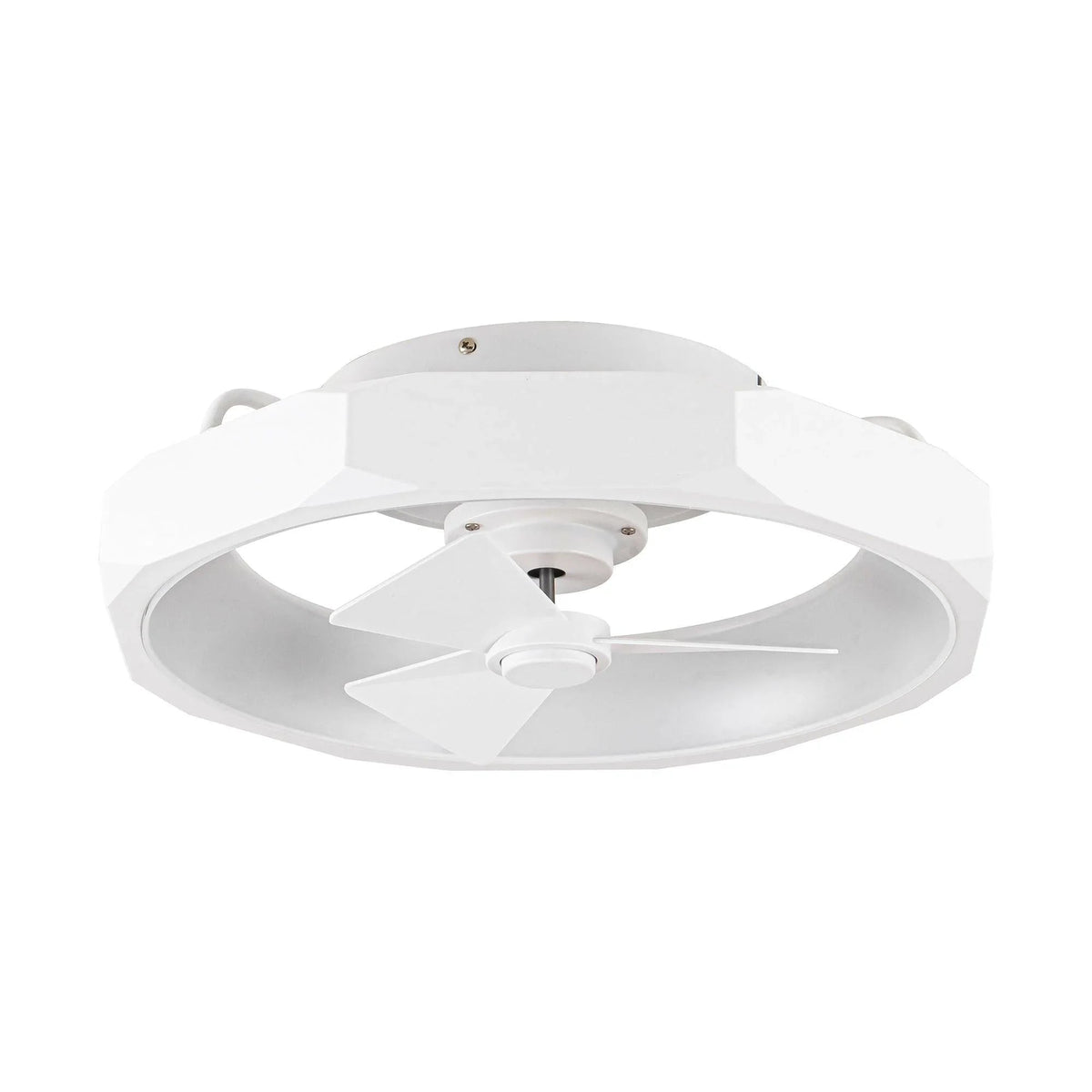 White flush mount ceiling fan with three blades, top-down angle on light housing