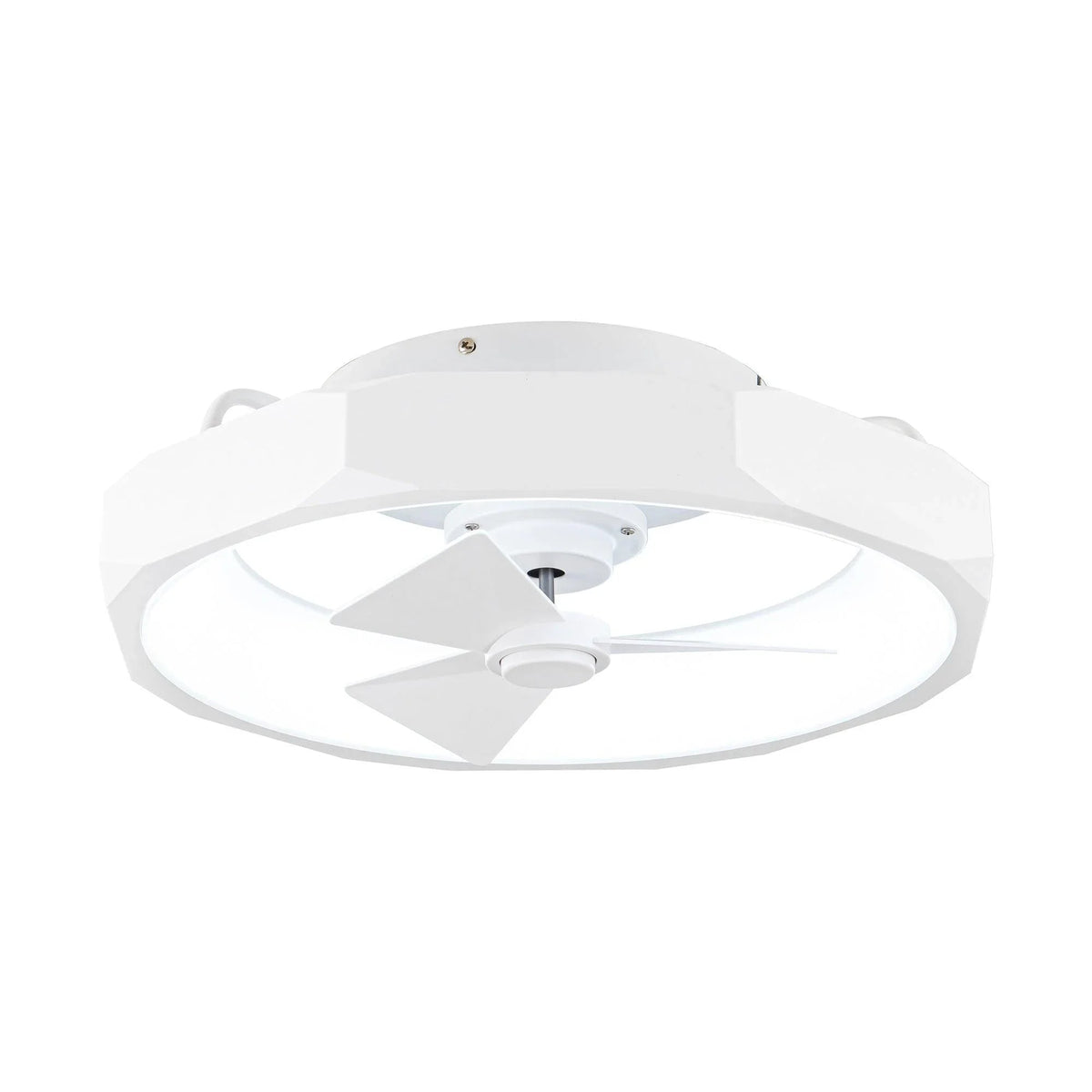 White flush mount ceiling fan with three blades and round light housing