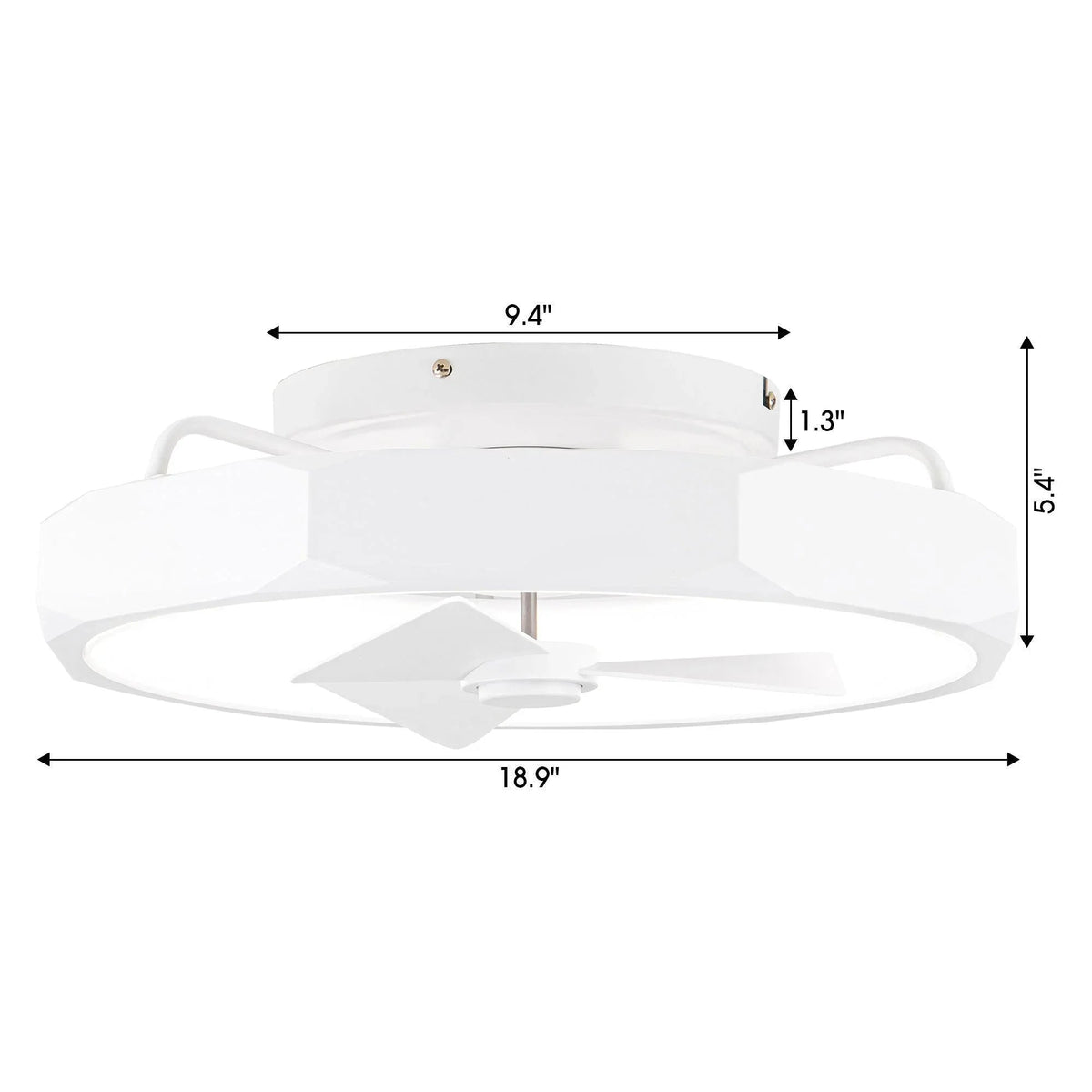 White flush mount ceiling fan dimensions: 18.9 in wide, 5.4 in high