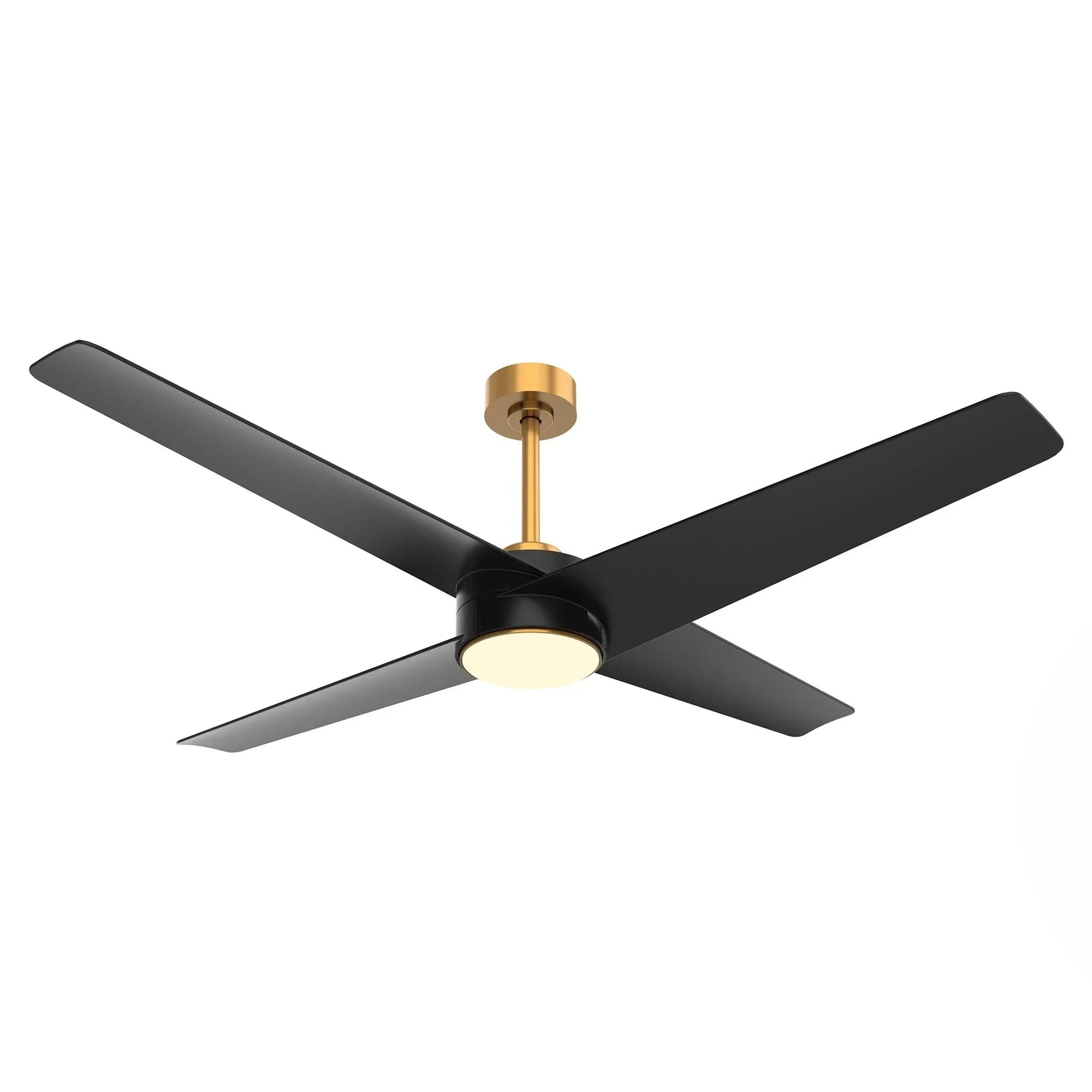 Ceiling fan with five matte black blades and gold downrod light
