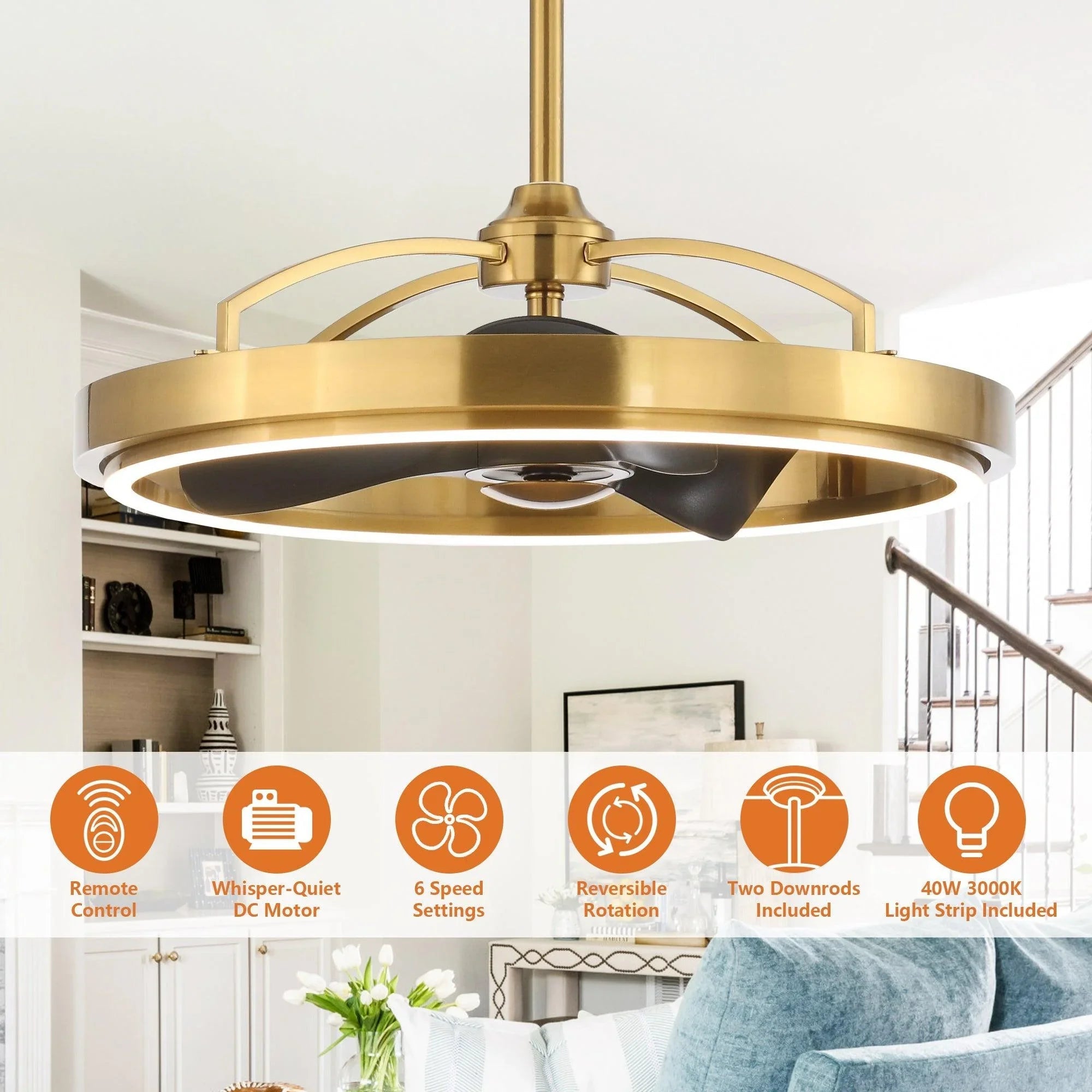 Golden ceiling fan with integrated light kit and visible blades on downrod mount