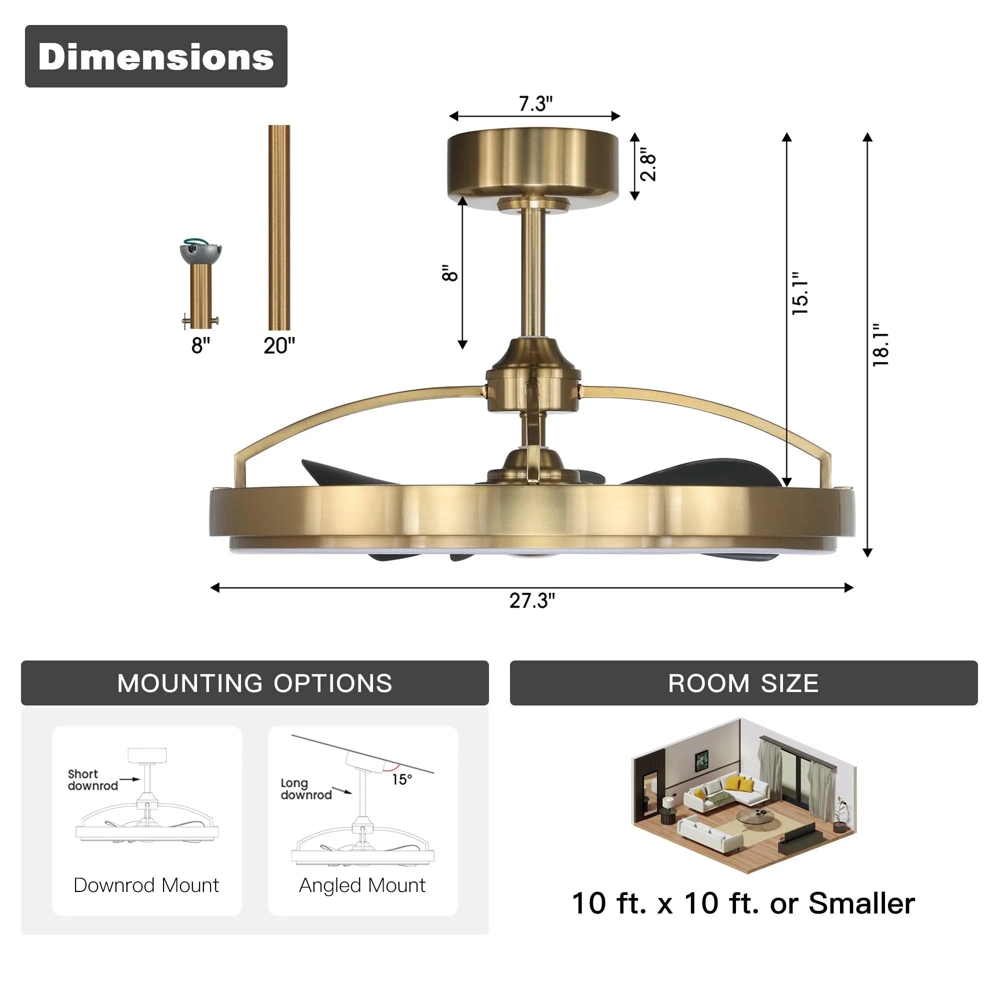 Golden ceiling fan with integrated light, downrod mount size and room coverage diagram