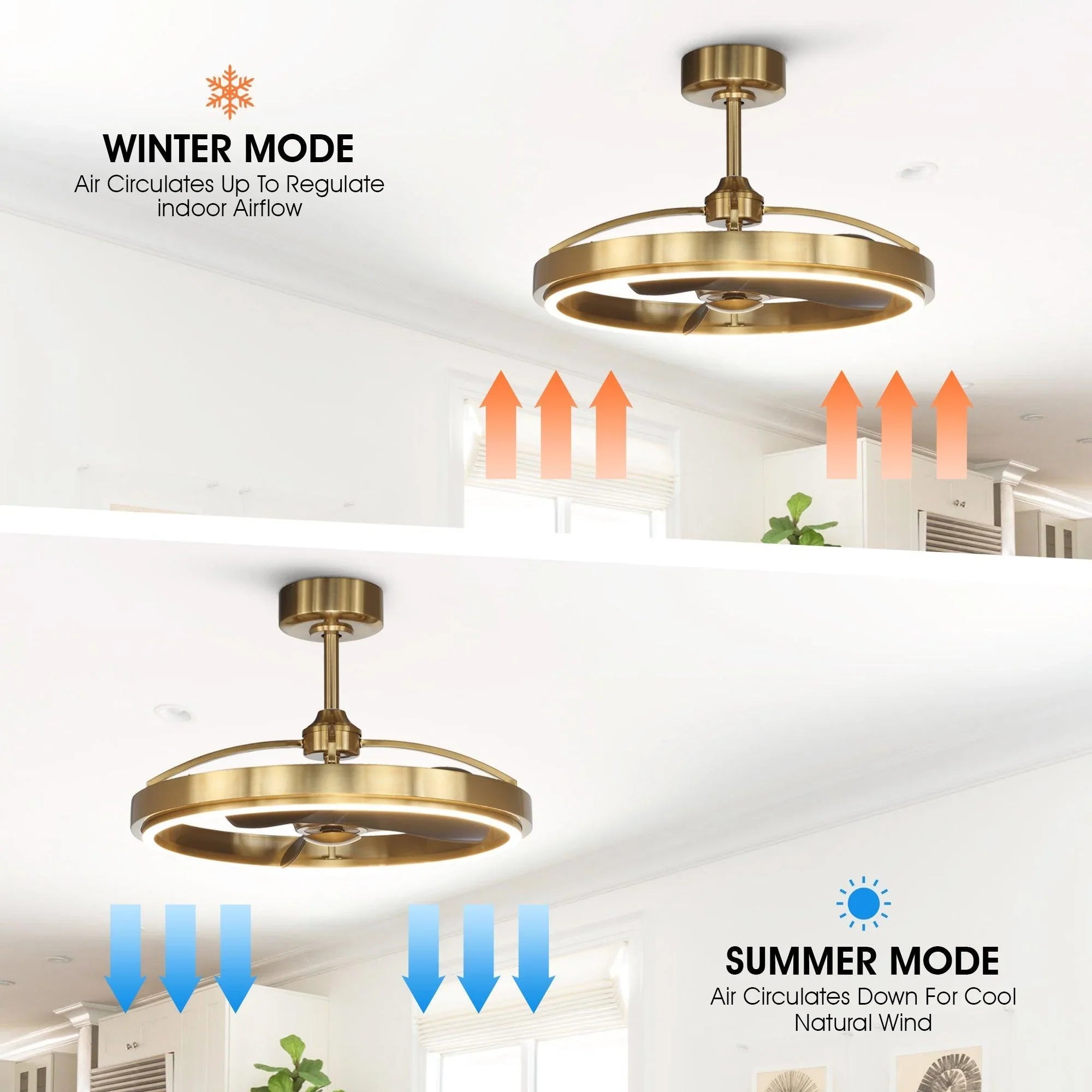 Golden ceiling fan with integrated light fixture, downrod mount with airflow arrows