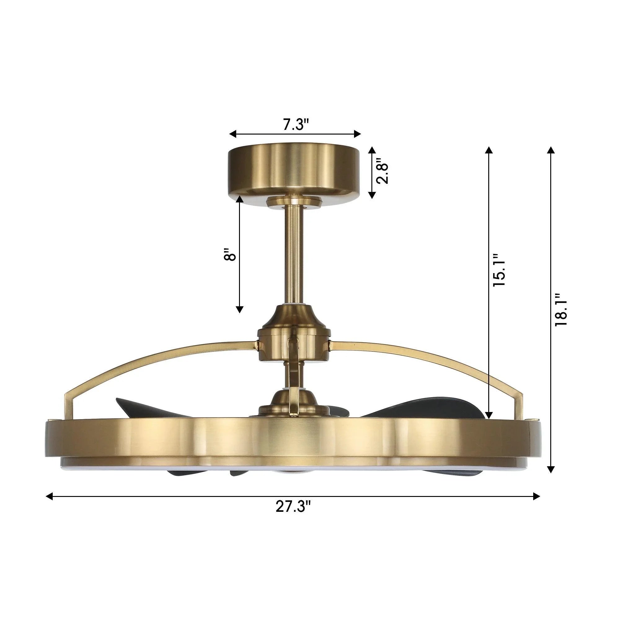 Golden ceiling fan with measurements for downrod, light, and blade span