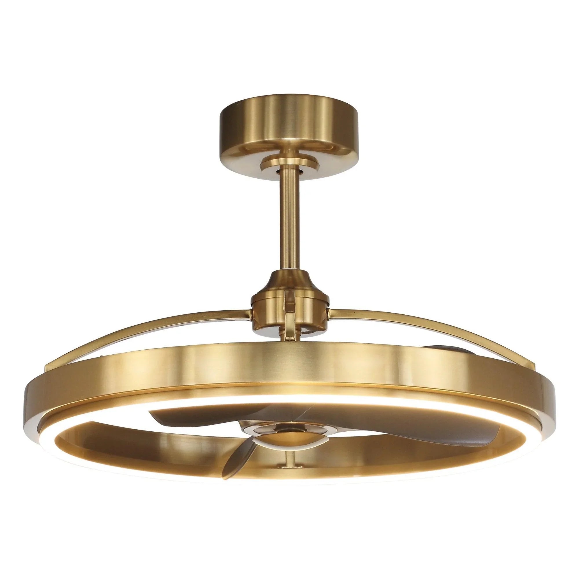 Golden ceiling fan with integrated light housing and metal downrod