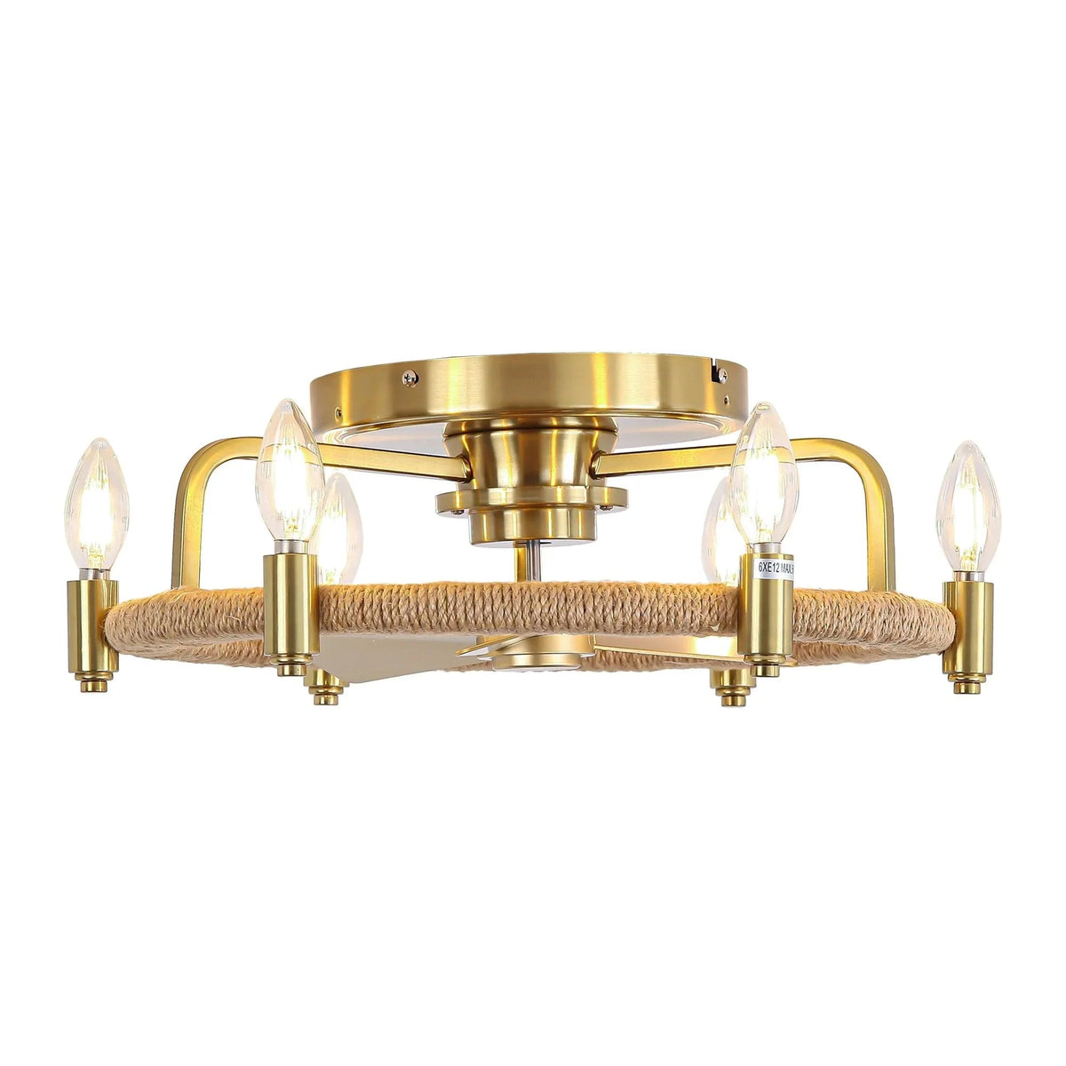 Golden flush mount ceiling fan with light, rope-wrapped ring and five candle-style bulbs