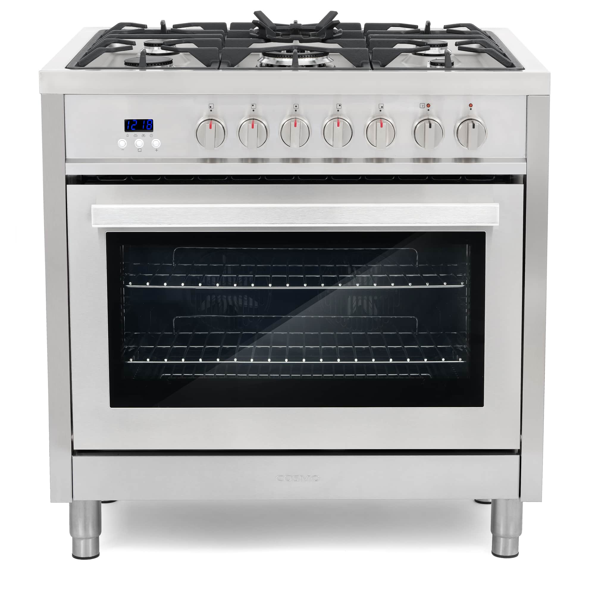 Stainless steel dual fuel range with gas cooktop burners and visible oven door
