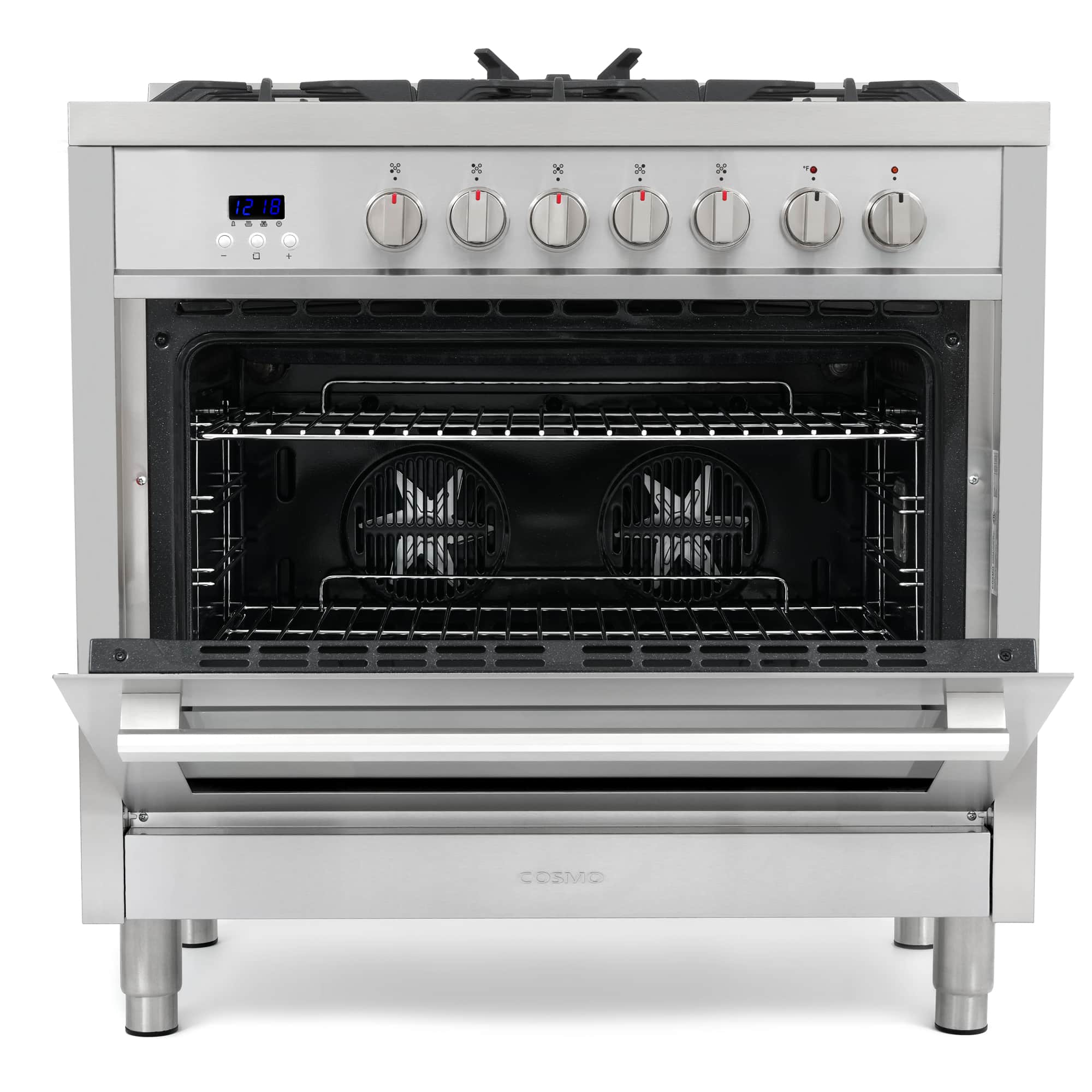 Stainless steel dual fuel range with open oven and control knobs at top