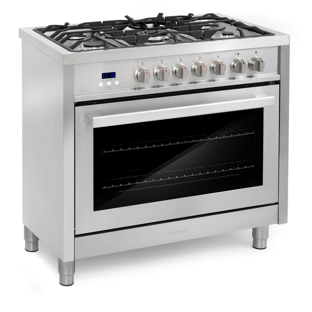 Stainless steel dual fuel range with gas cooktop and glass oven door