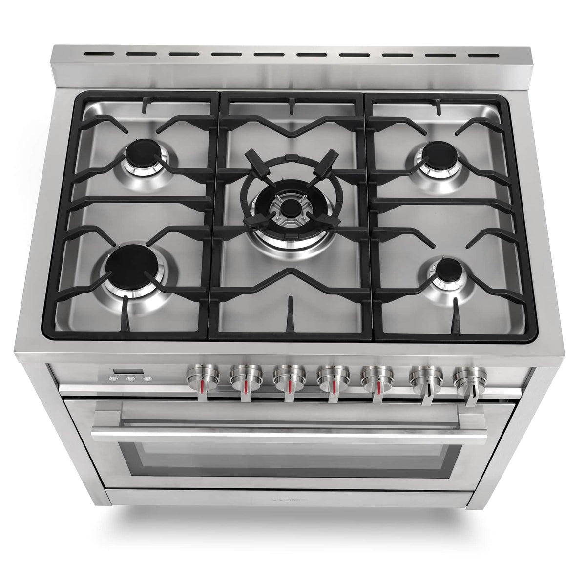 Stainless steel gas cooktop with four burners and black grates