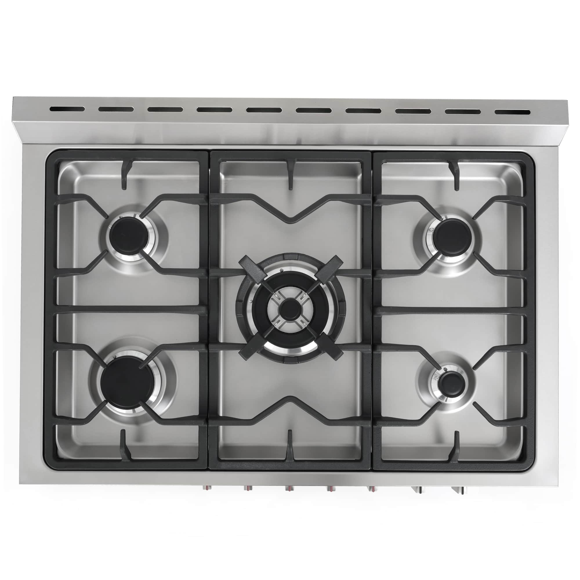 Stainless steel gas cooktop with four burners and removable grates