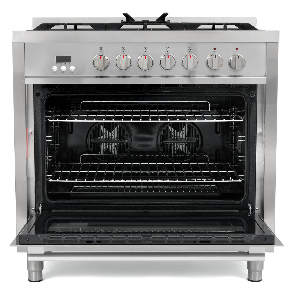 Stainless steel dual fuel range with open oven cavity and racks