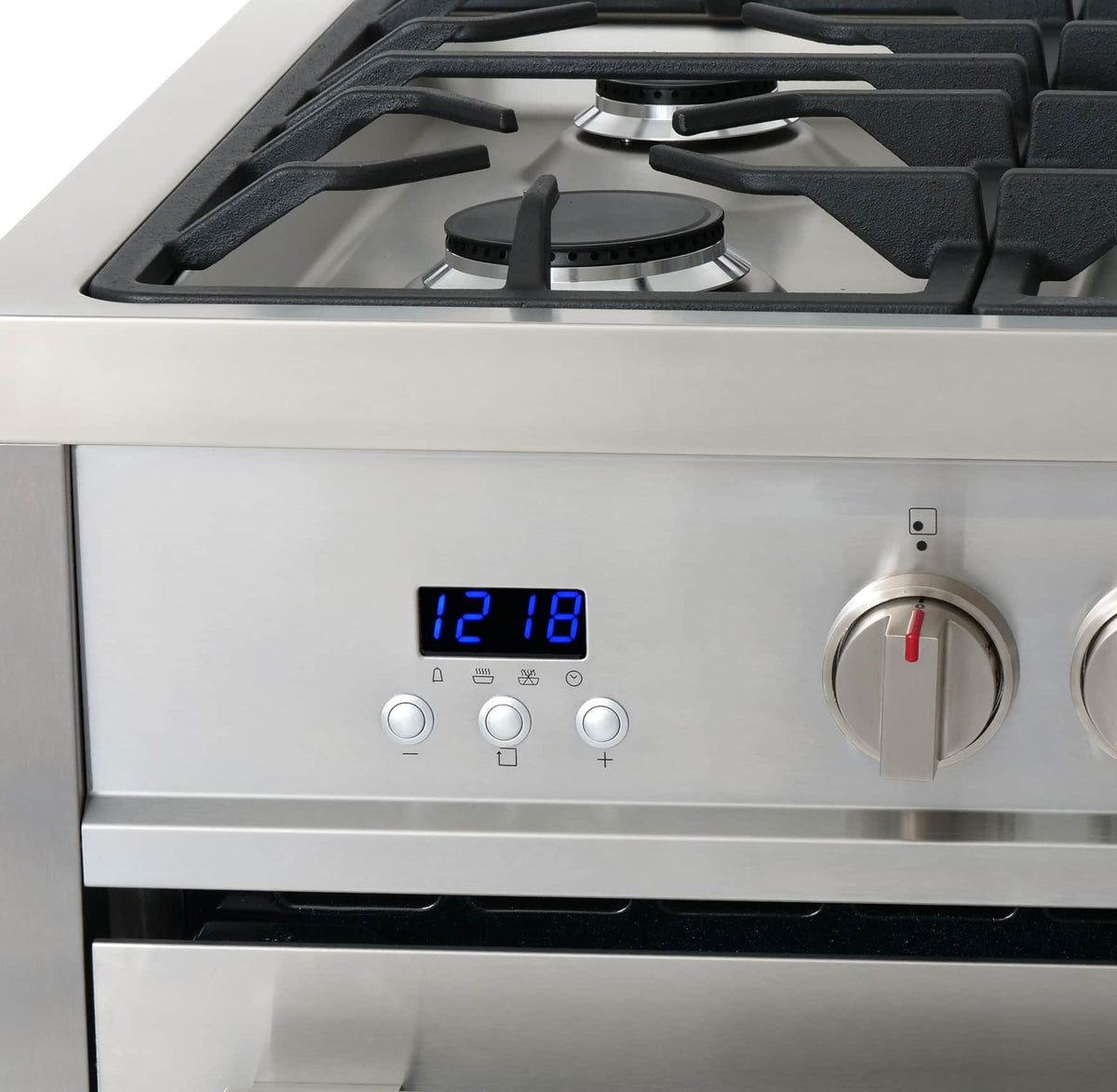 Stainless steel dual fuel range with digital display and burner control knob
