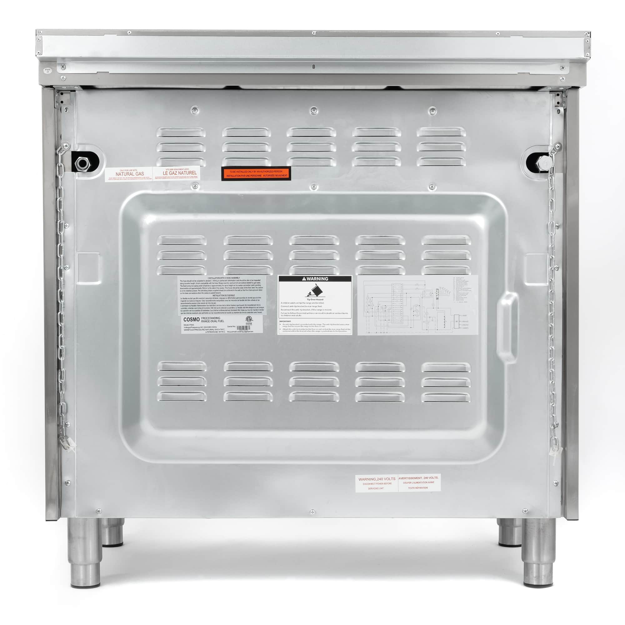 Stainless steel oven cavity base with ventilation panel and information labels