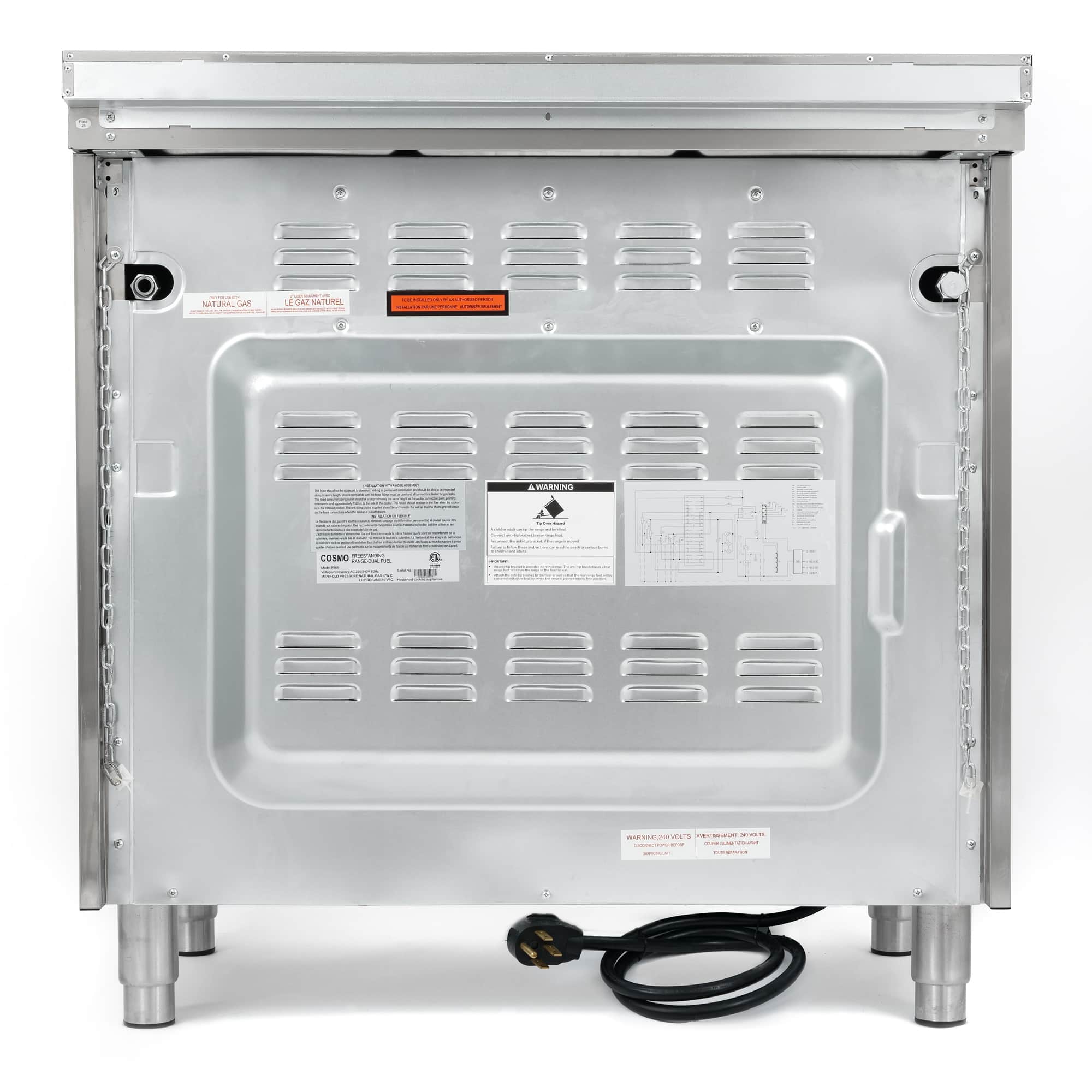Single oven dual fuel range with rear access panel open, stainless steel