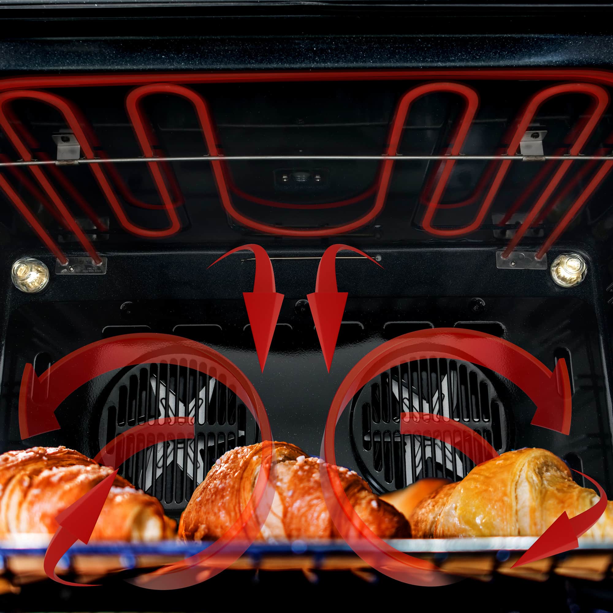 Dual fuel oven cavity with two burners and airflow arrows