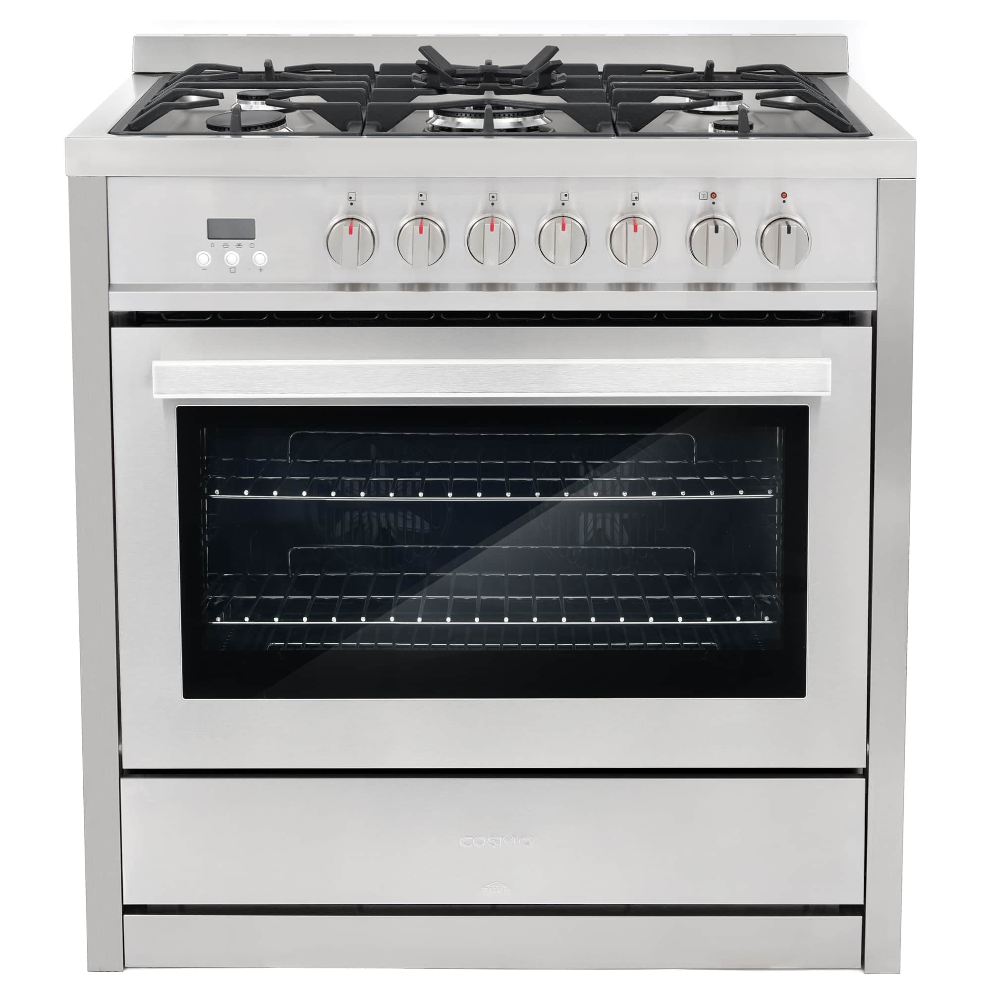 Stainless steel dual fuel single oven range with top gas burners and control knobs