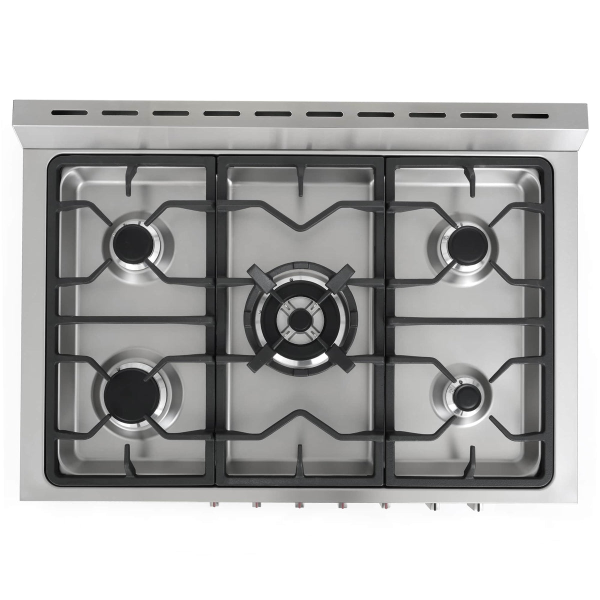Stainless steel gas cooktop with five burners and burner grates