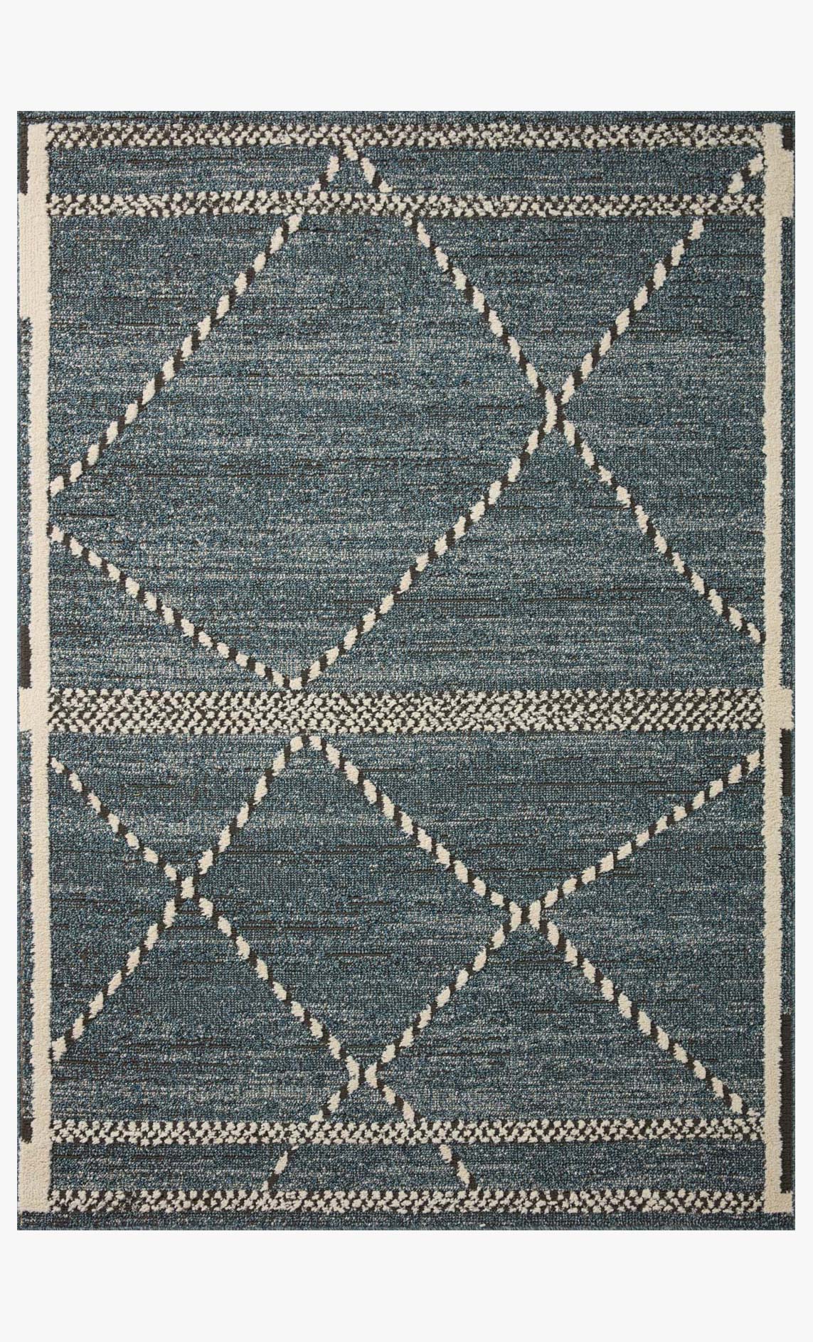 Transitional area rug with blue-gray geometric diamonds and ivory border, flat-weave design