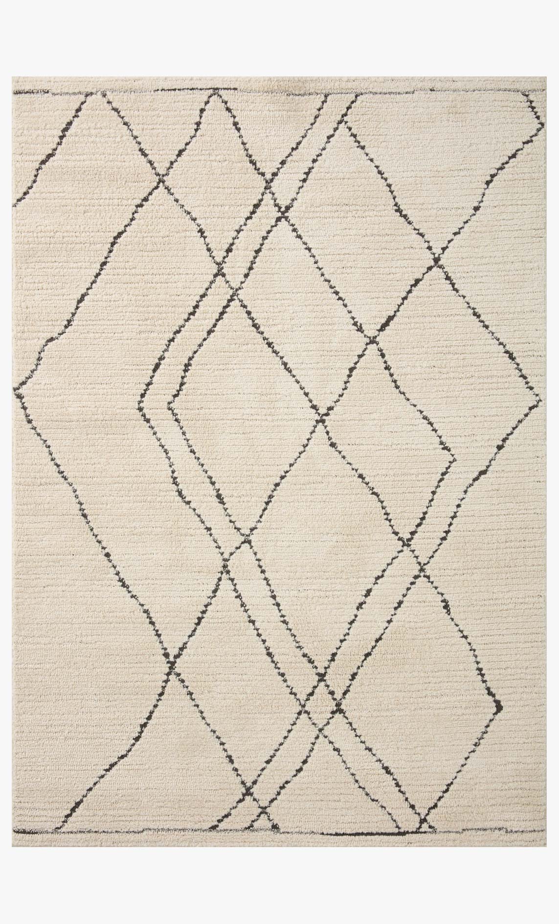 Ivory runner rug with charcoal diamond and X lattice pattern, rectangular design