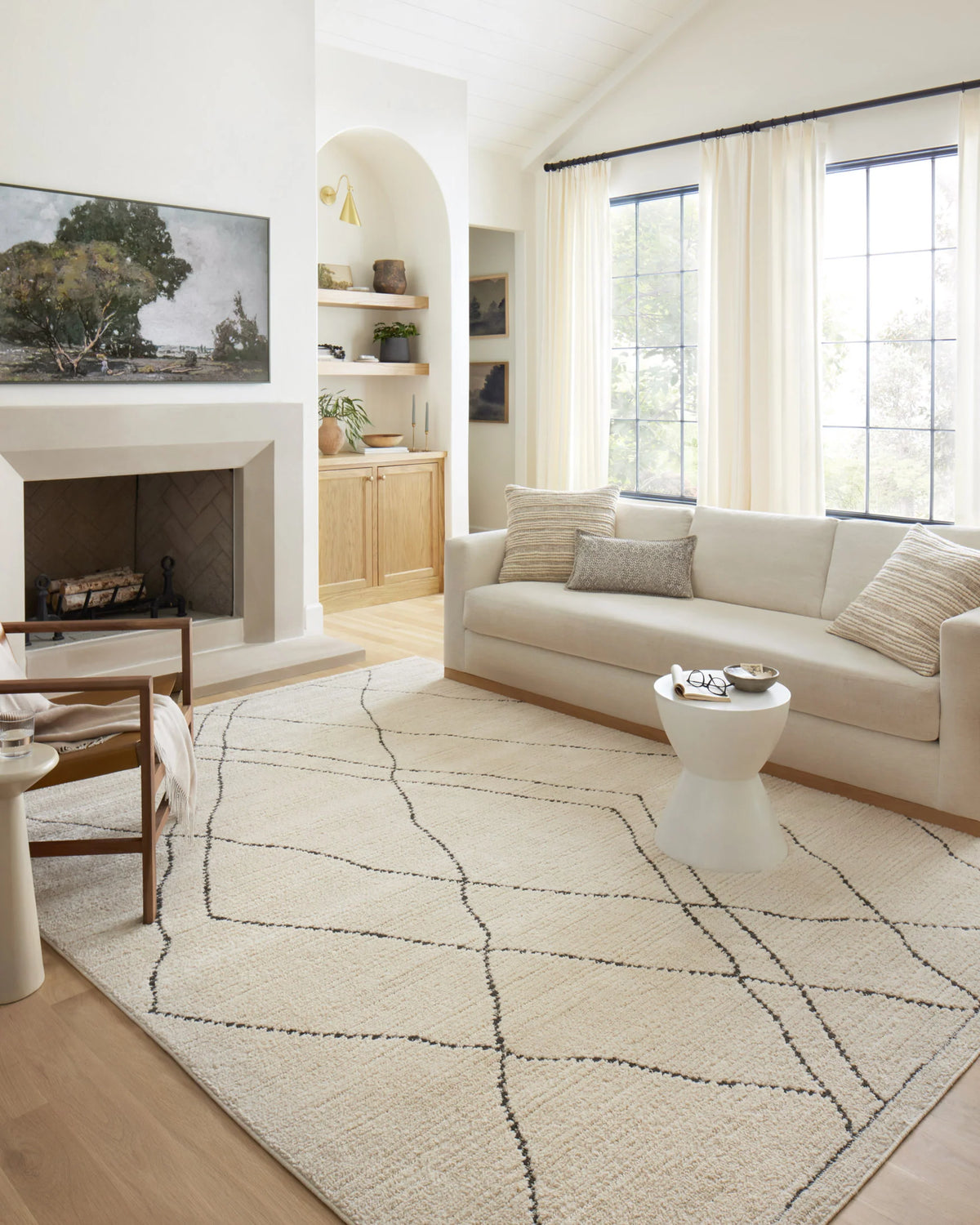 Ivory square area rug with charcoal lattice diamond pattern, low pile